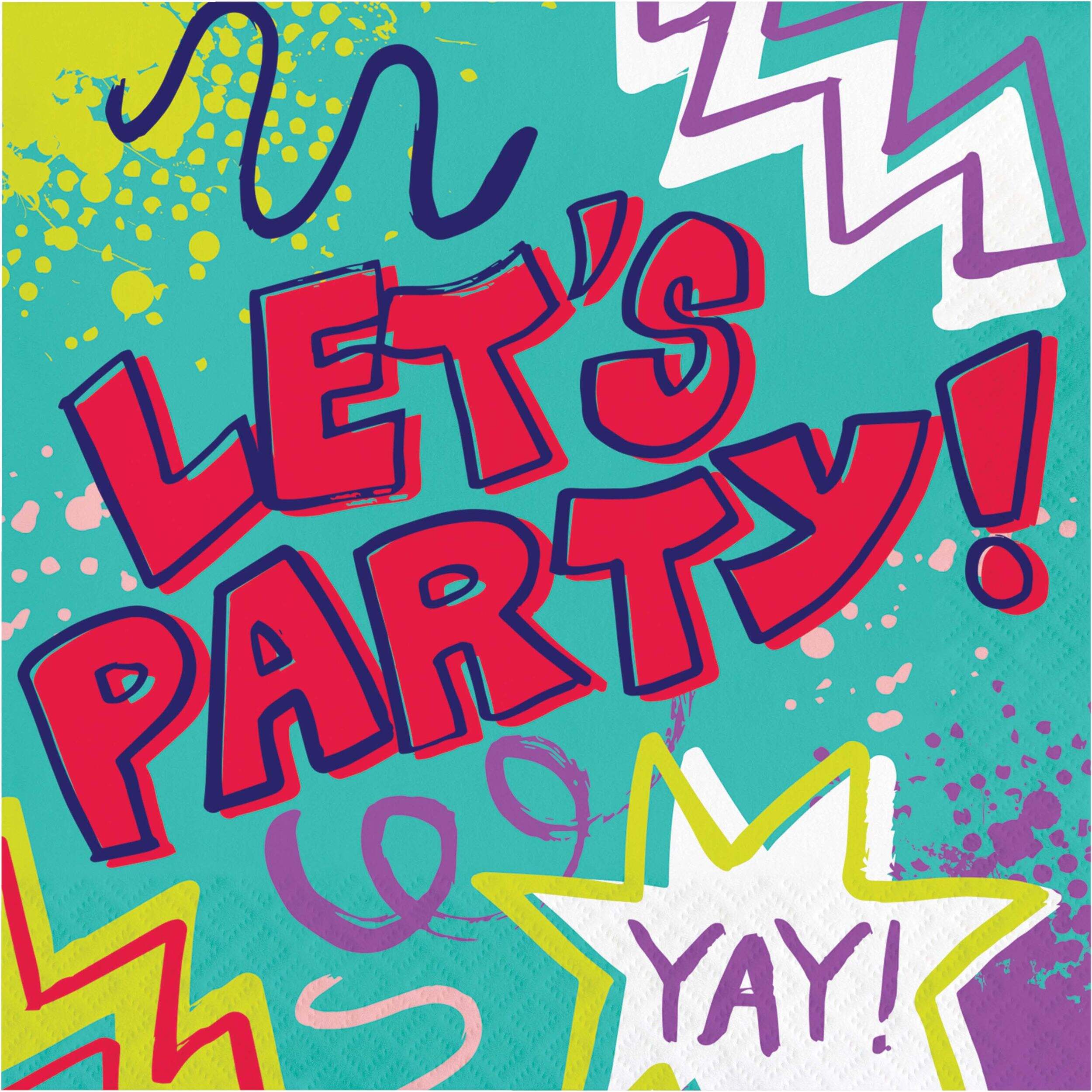 Serviettes à dîner carrées jetables en papier fête graffiti, multicolore, 6,5 po, paq. 16, 2 épaisseurs, pour fête d'anniversaire Overhead_Flat