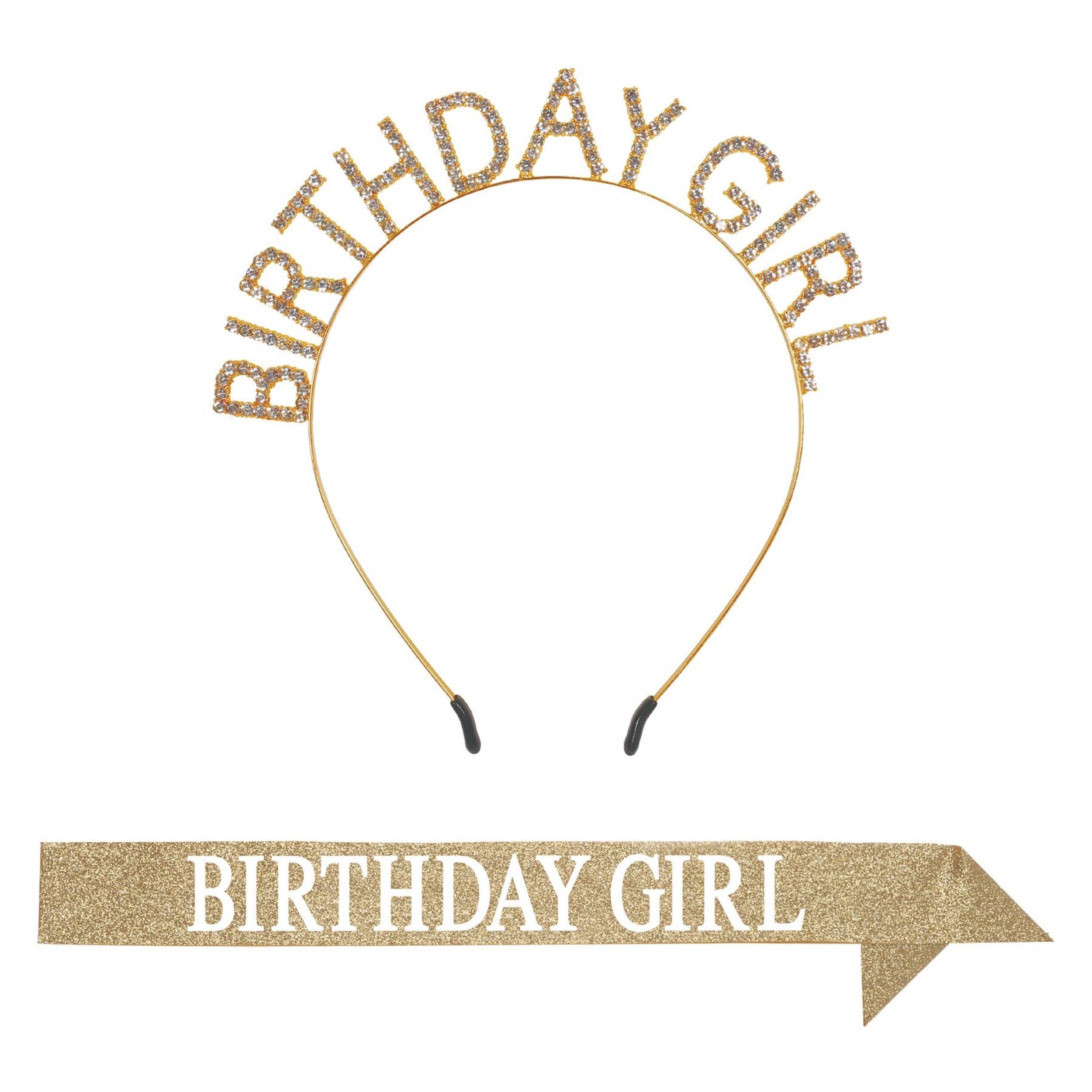 Golden Age "Birthday Girl" Gold Glitter Headband and Sash Wearable Accessory, One Size Front_Flat