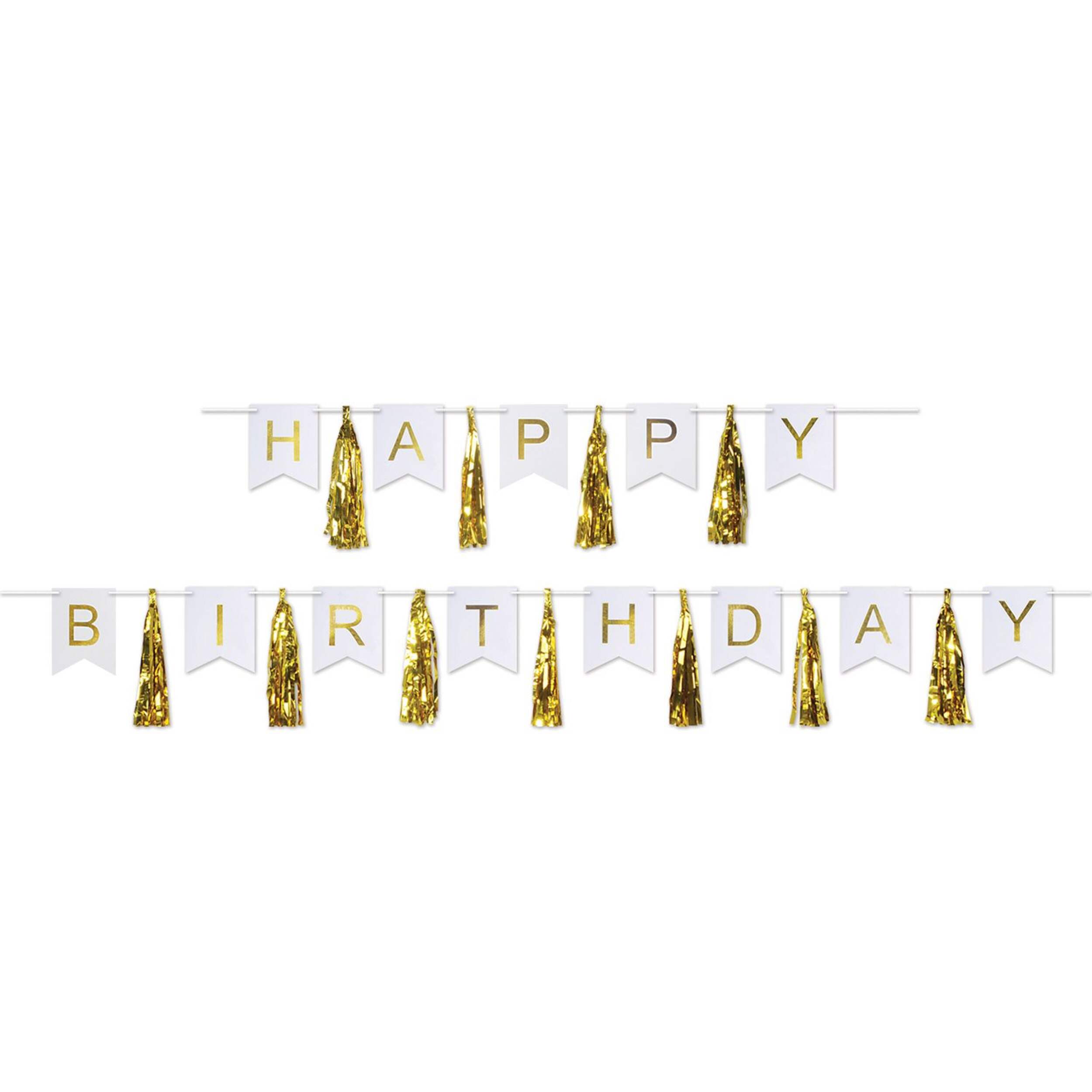 Golden Age "Happy Birthday" Gold Tassel Hanging Garland Banner Décor Kit, 2-pc Front_Flat