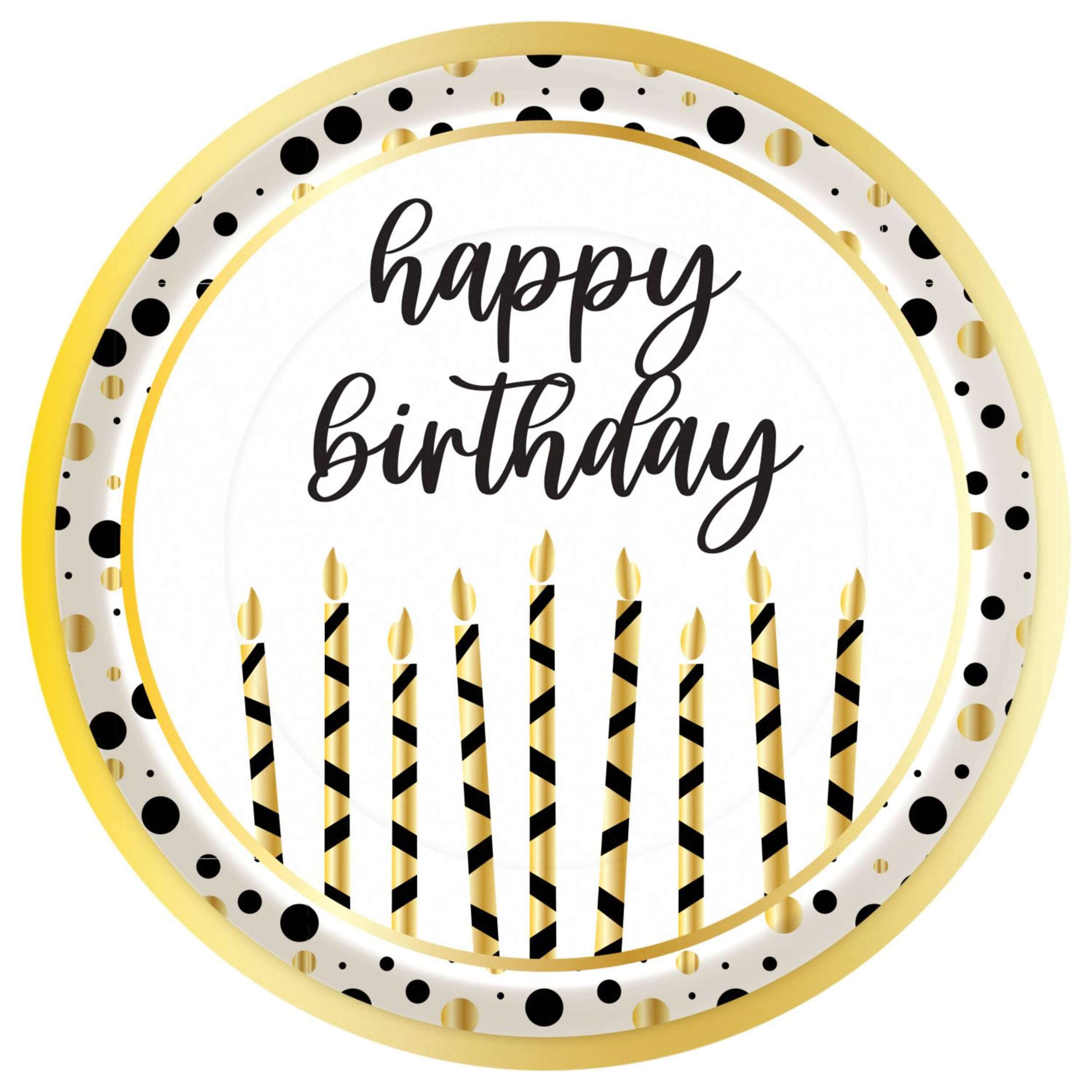 Assiettes à dîner rondes jetables en papier célébration étincelante, Happy Birthday, blanc/doré, 9,5 po, paq. 8, pour anniversaire Front_Flat