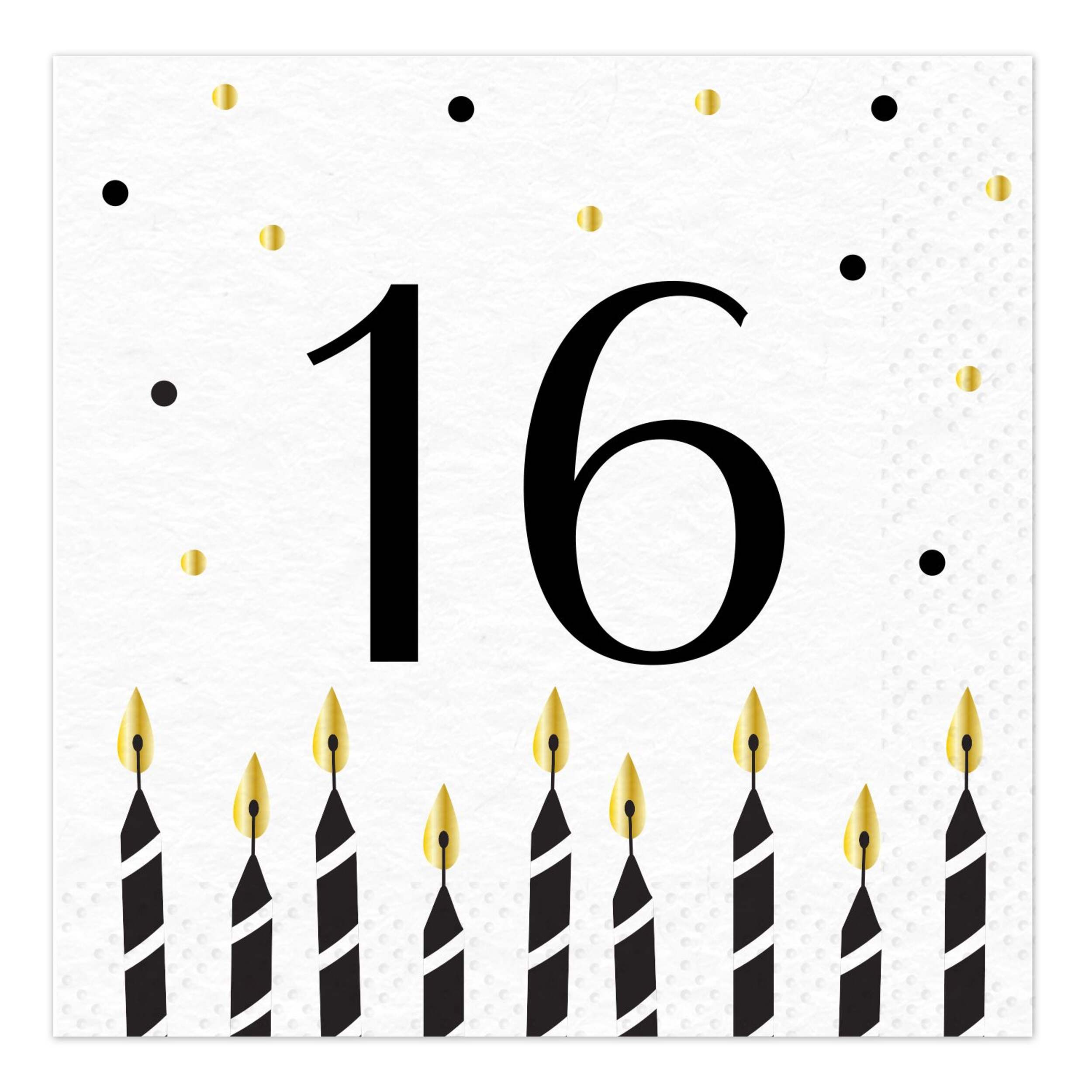Sparkling Celebration "16" 5-in Square 2-Ply White/Gold Disposable Paper Dessert Napkins, 16-pk Front_Flat