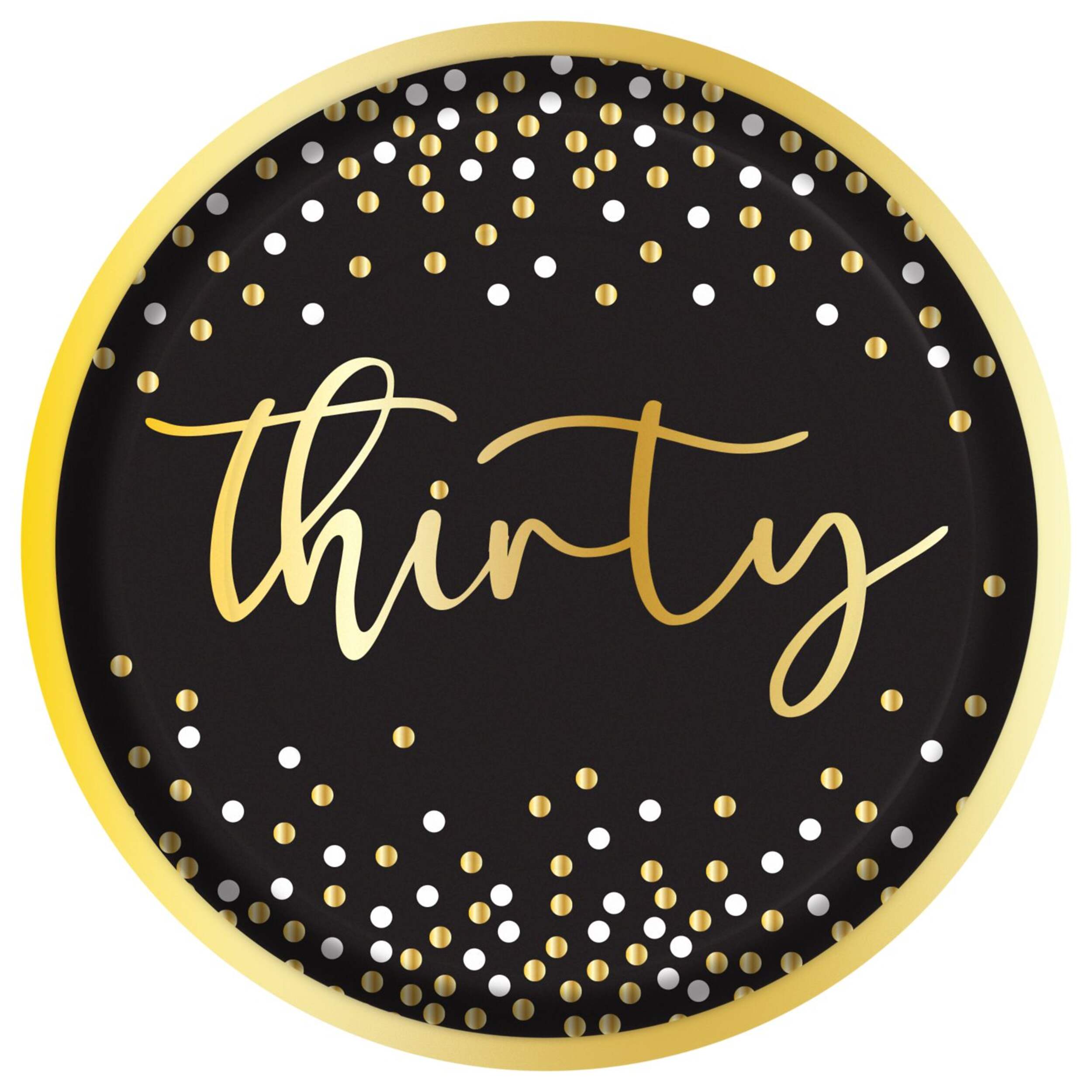 Sparkling Celebration "Thirty" 9.5-in Round Black/Gold Disposable Paper Lunch Plates, 8-pk Front_Flat