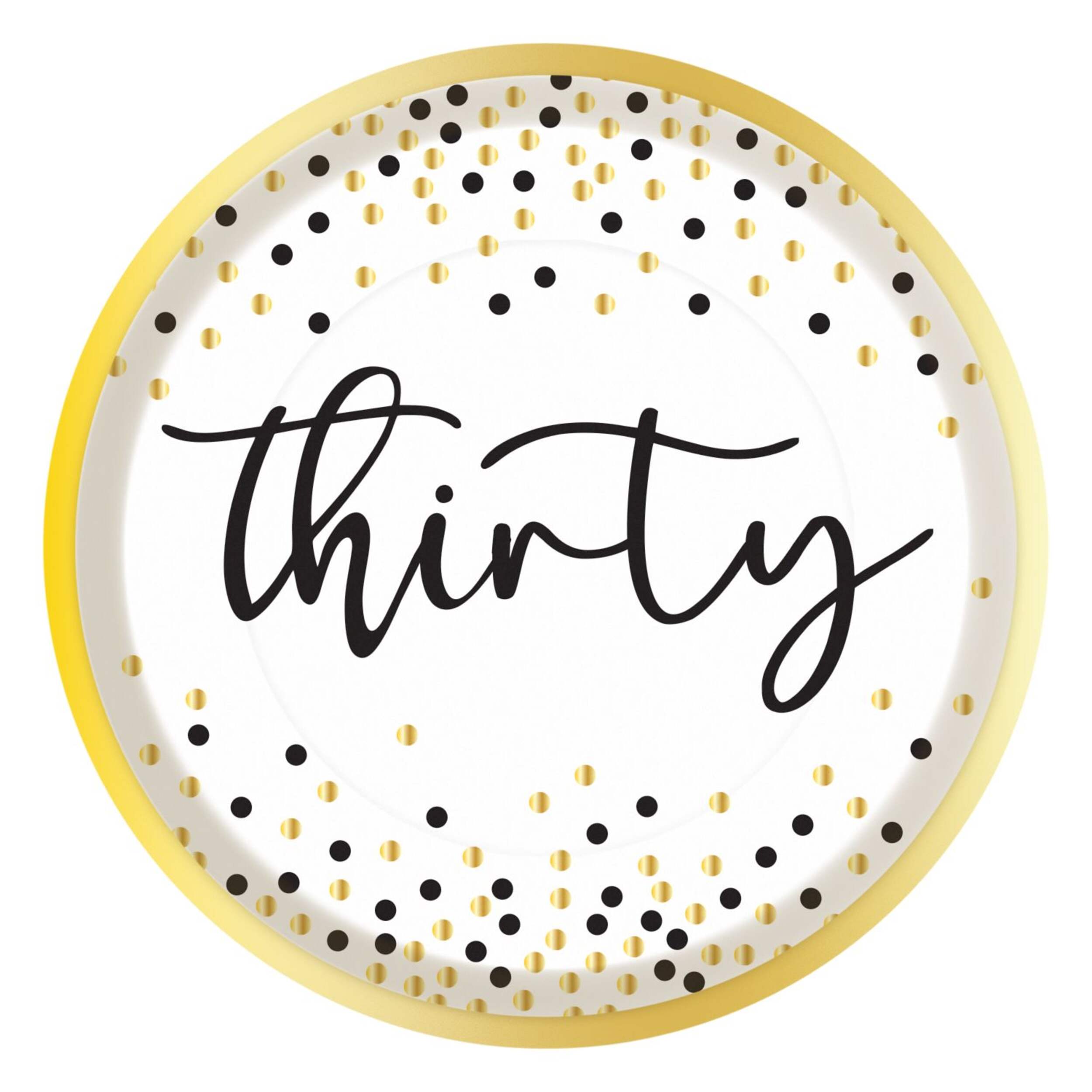 Sparkling Celebration "Thirty" 7-in Round White/Gold Disposable Paper Dessert Plates, 8-pk Front_Flat