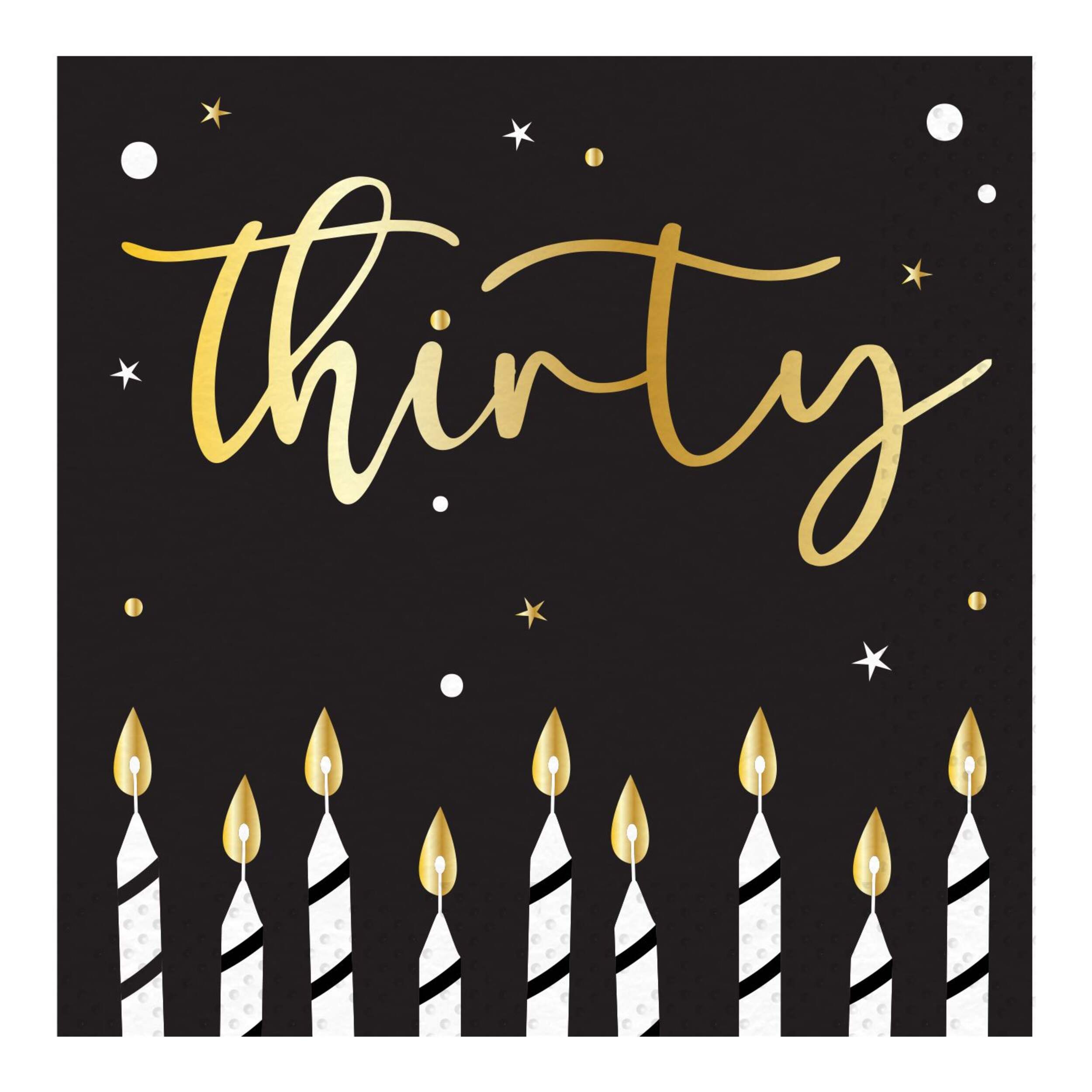 Serviettes de table carrées jetables en papier célébration étincelante, Thirty, noir/doré, 6,5 po, paq. 16, 2 épaisseurs, pour anniversaire marquant Front_Flat