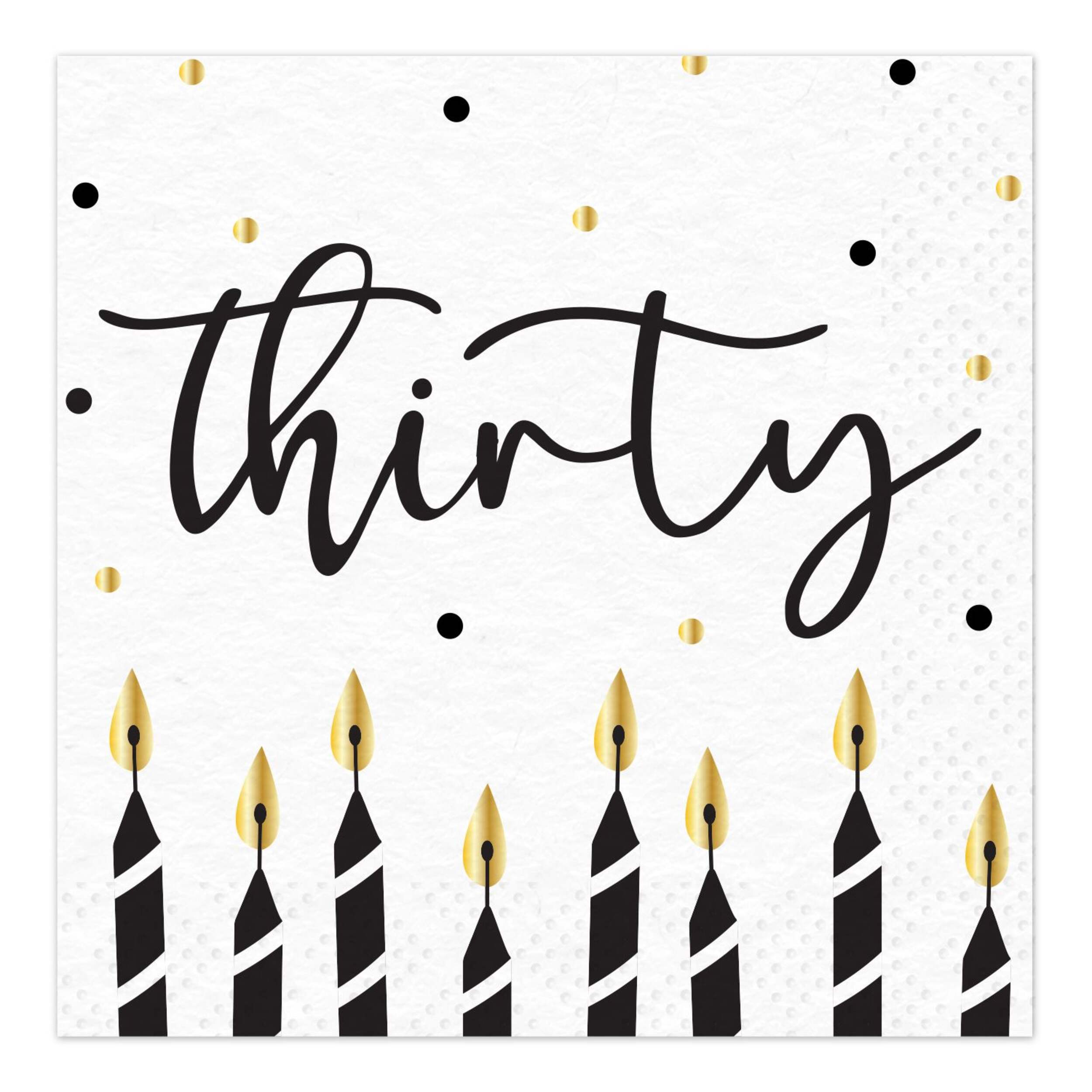 Sparkling Celebration "Thirty" 5-in Square 2-Ply White/Gold Disposable Paper Dessert Napkins, 16-pk Front_Flat