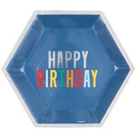 Modern "Happy Birthday" Hexagon Shaped Paper Disposable Lunch Plates, Multi-Coloured, 8.25-in, 8-pk, for Birthday Front_Flat