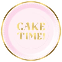Assiettes à dessert rondes jetables en papier pastel, Cake Time, rose, 7 po, paq. 8, pour anniversaire Overhead_Flat