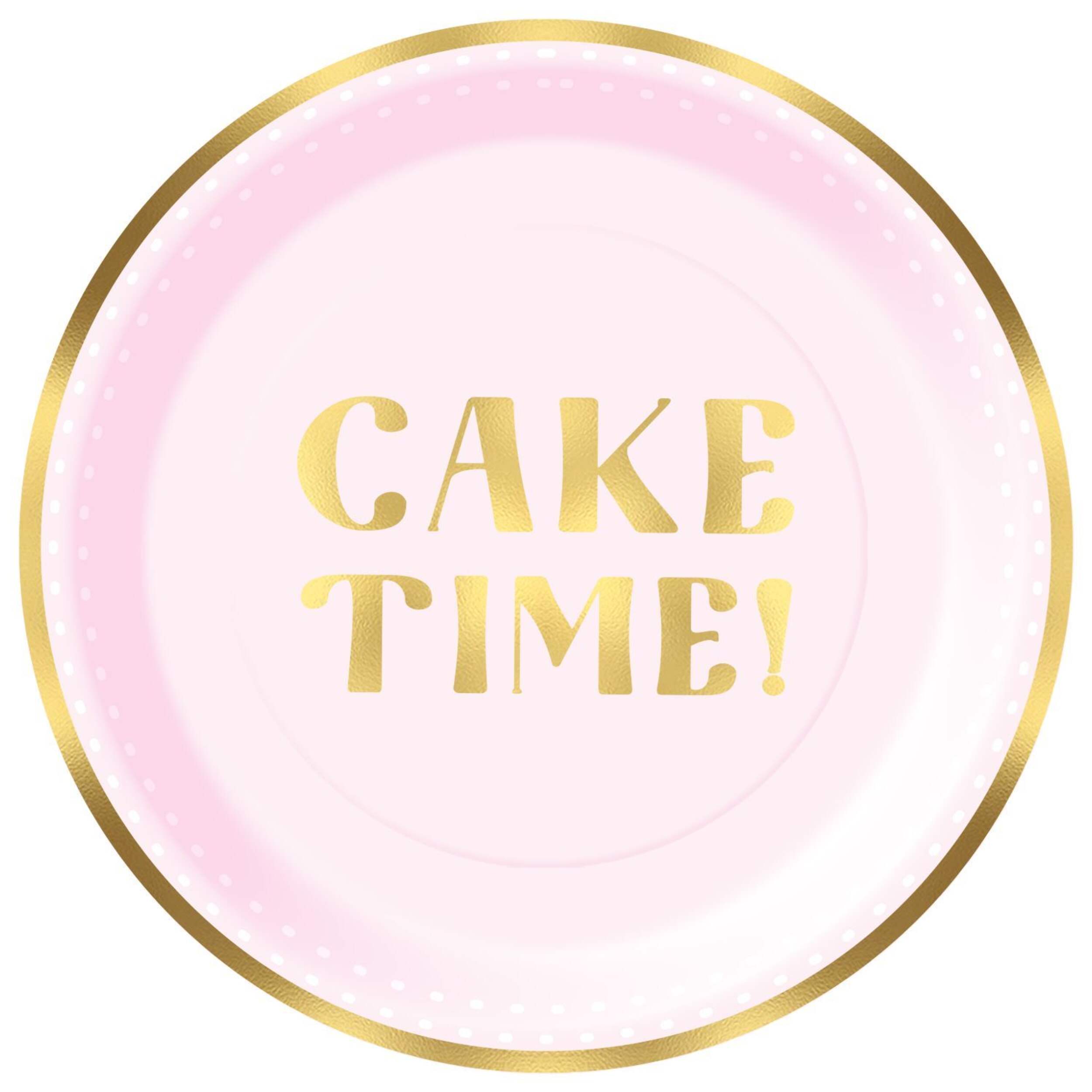 Pastel "Cake Time" 7-in Round Pink Disposable Paper Dessert Plates, 8-pk Overhead_Flat