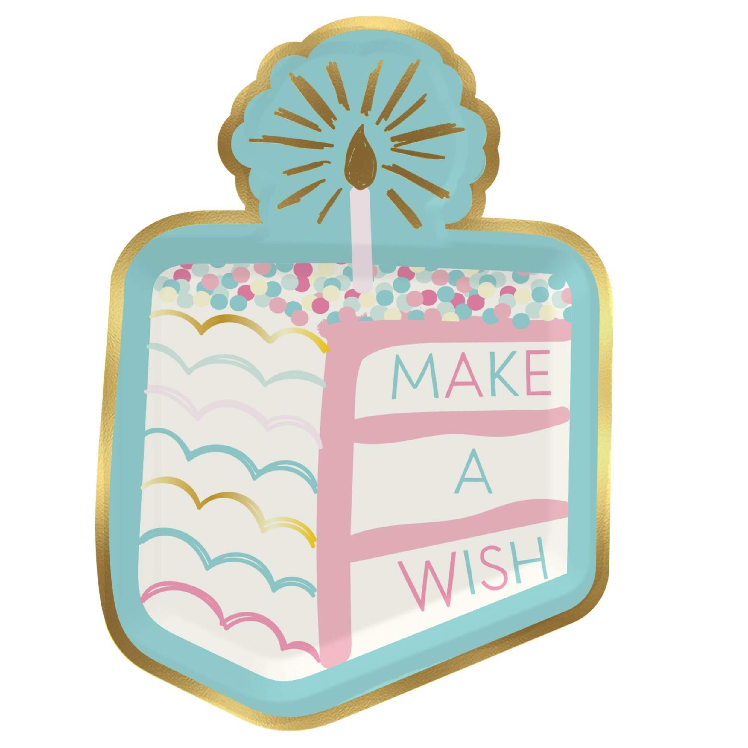 Pastel Cake Shaped "Make a Wish" 9.5-in Multicoloured Disposable Paper Lunch Plates, 8-pk Front_Flat