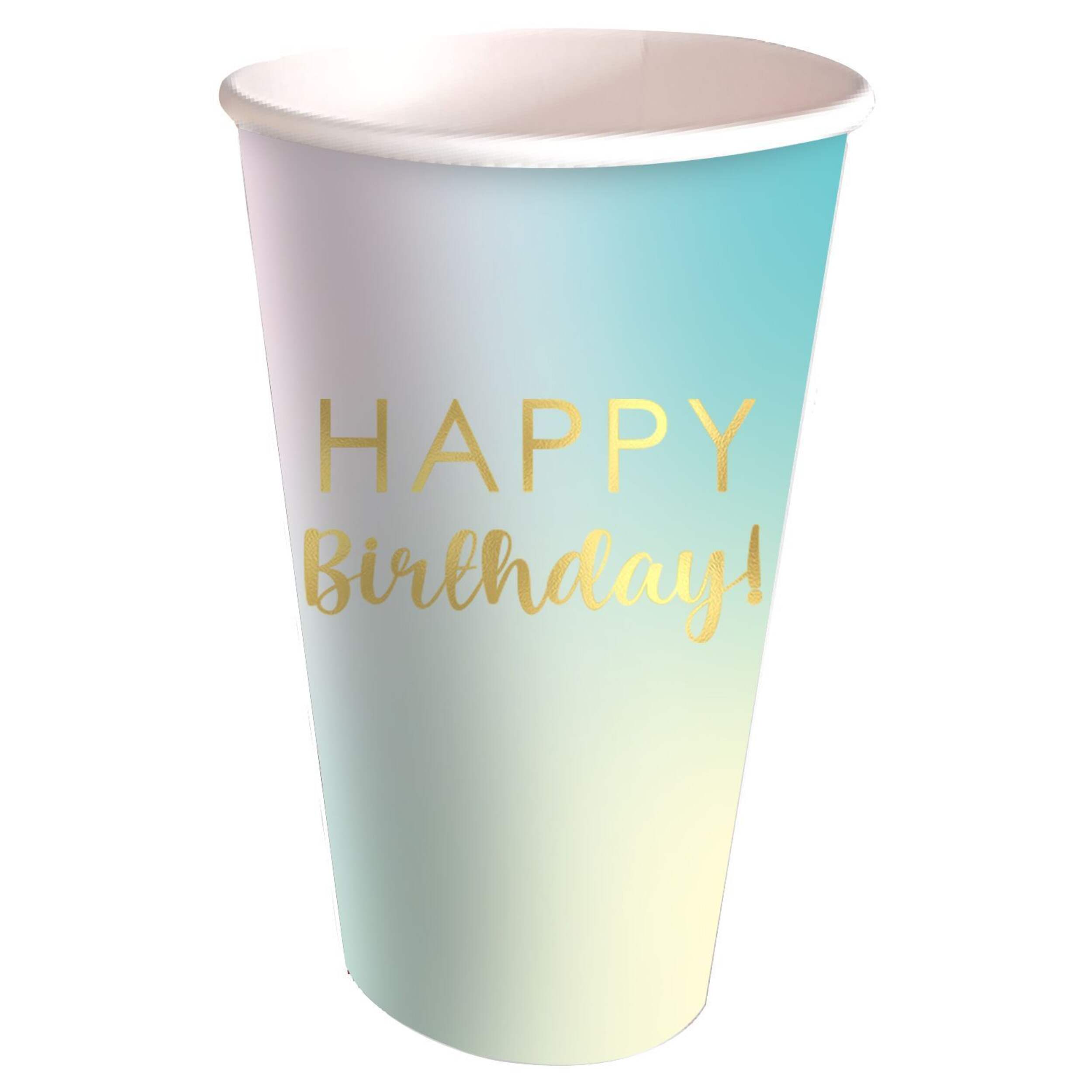 Gobelet jetable en papier teinture sur noeuds pastel, Happy Birthday, multicolore, 12 oz, paq. 8, pour anniversaire Front_Elevated