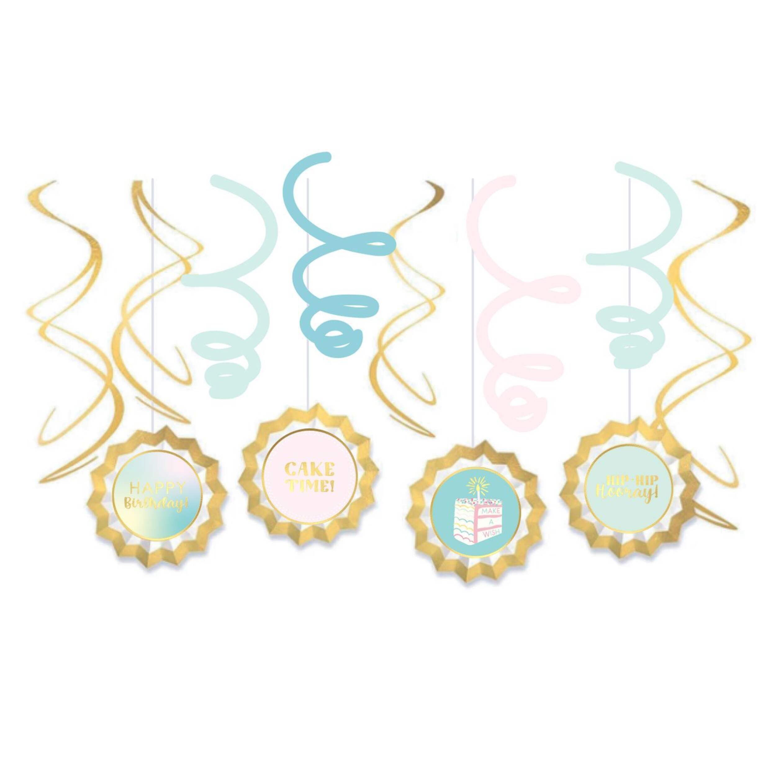 Pastel Birthday 8-in Multicoloured Swirls Hanging Decoration, 12-pk Front_Flat