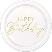 Golden Age "Happy Birthday" Round Paper Disposable Dessert Plates, Gold, 7-in, 8-pk, for Birthday Overhead_Flat