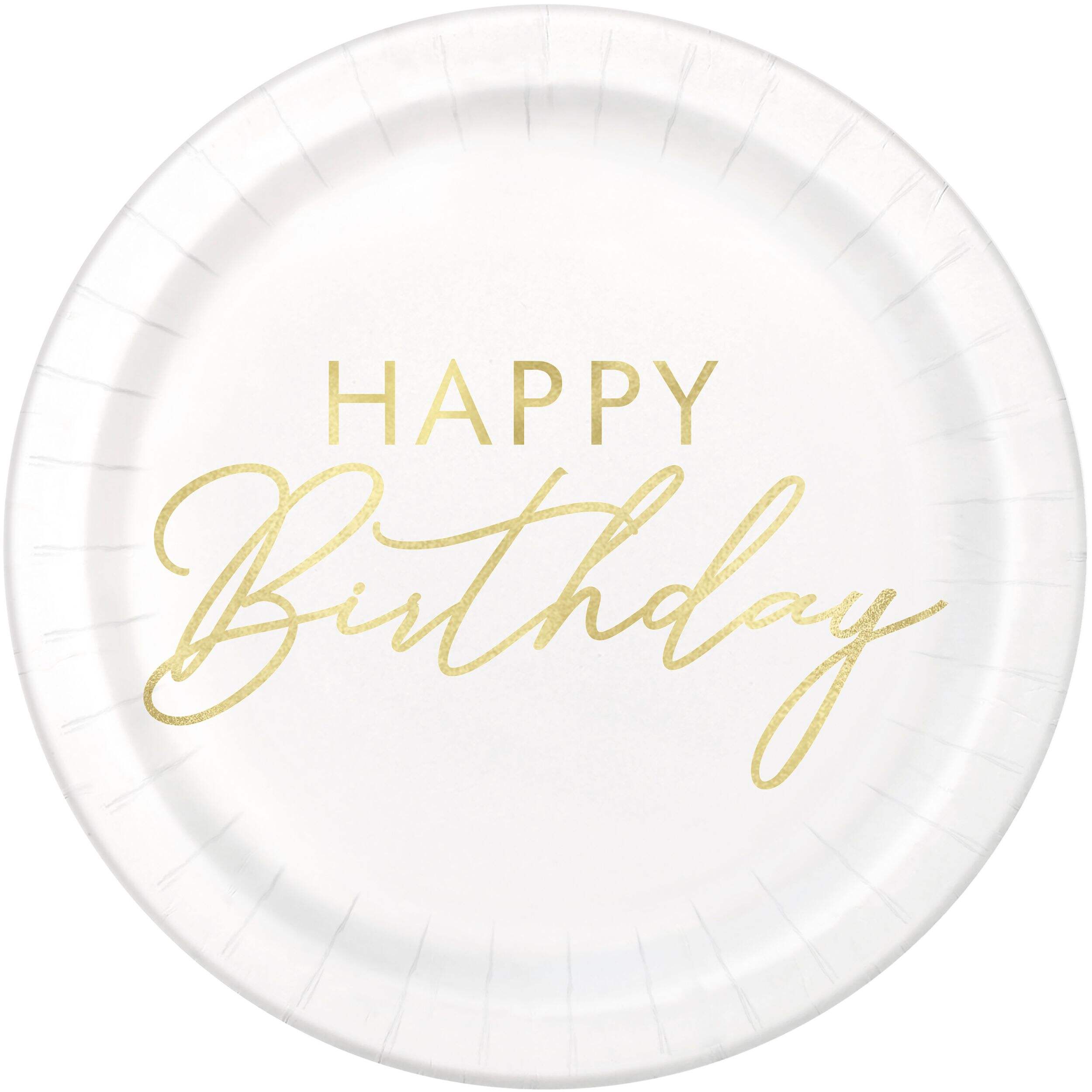 Golden Age "Happy Birthday" 7-in Round Gold Disposable Paper Dessert Plates, 8-pk Overhead_Flat