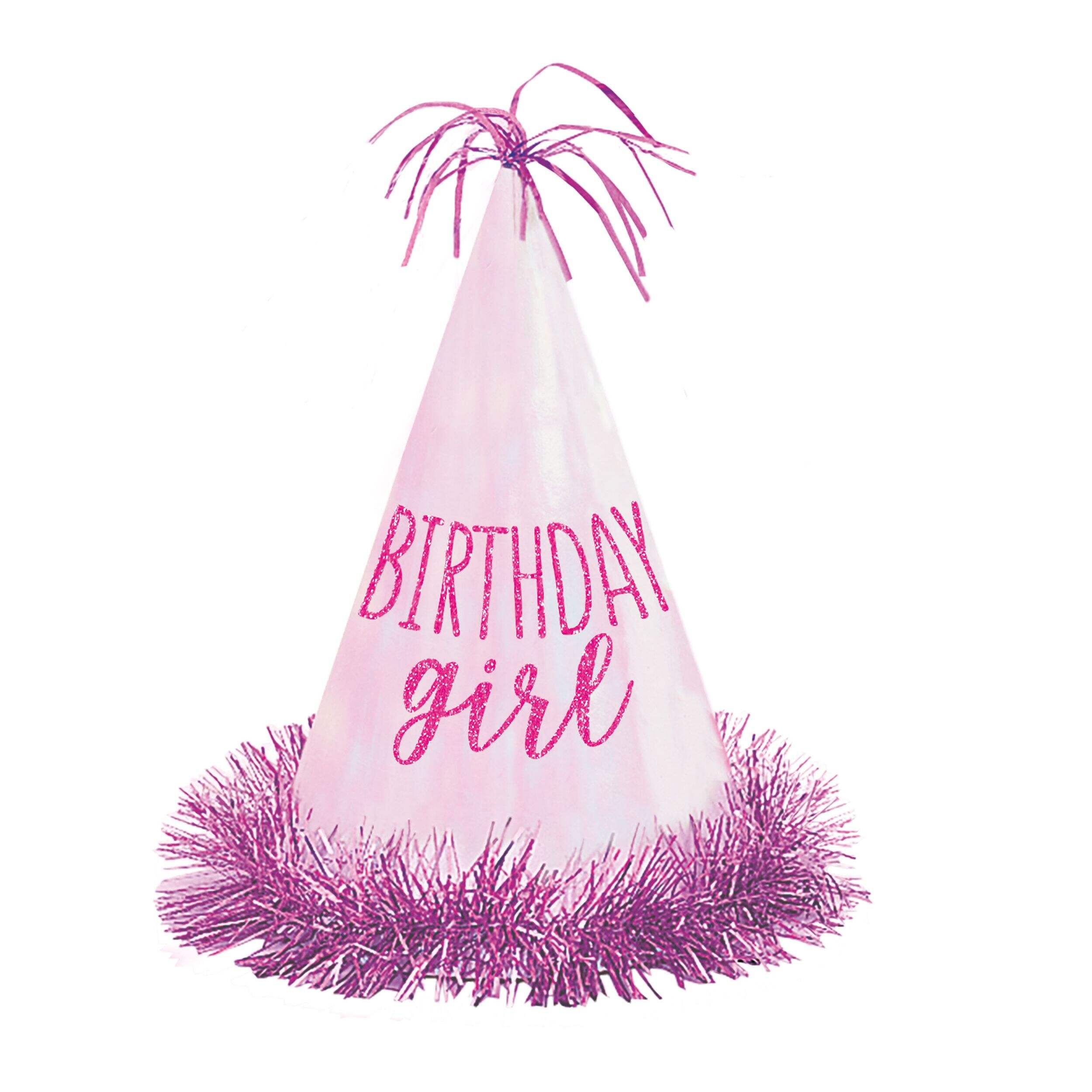 Chapeau de fête à franges Birthday Girl en forme de cône, rose, enfant standard, taille unique, diadème Birthday Girl Front_Flat