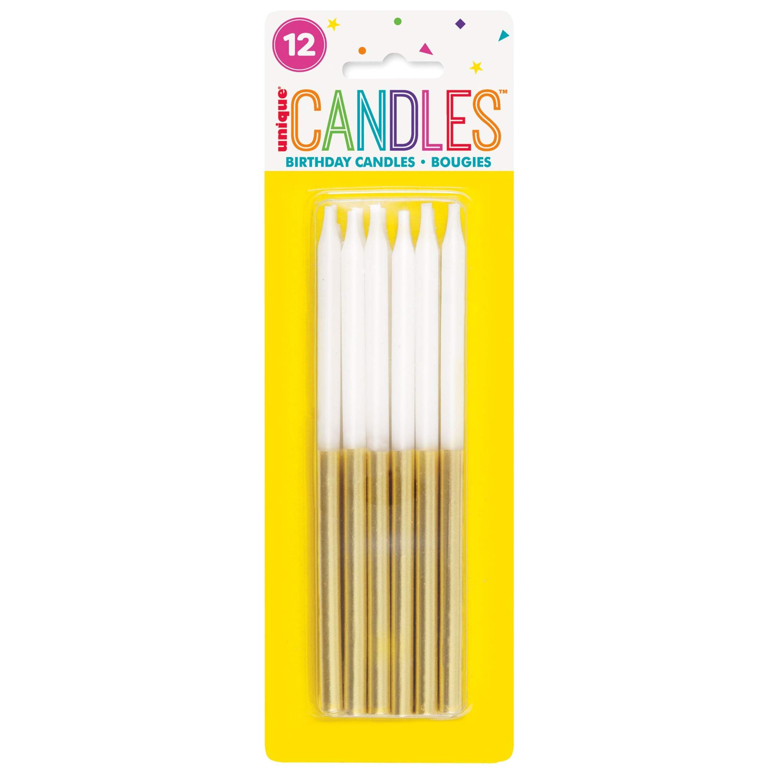 5-in White/Gold Metallic Dipped Stick Wax Birthday Candles, 12-pk Front_Flat