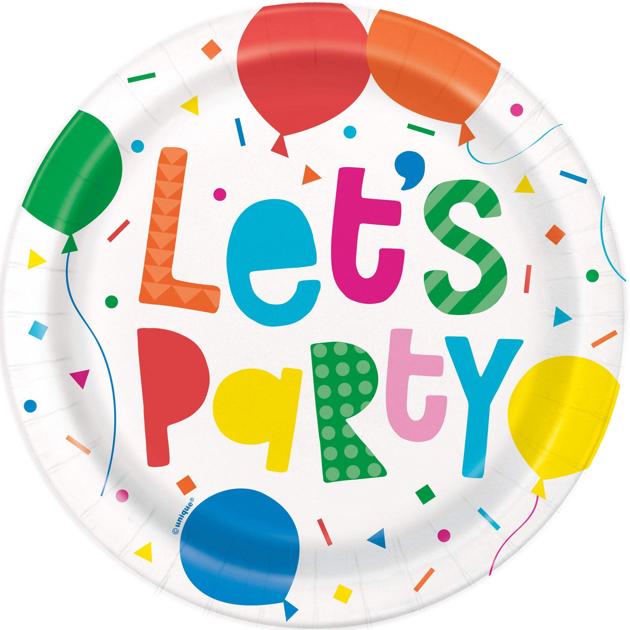 Colourful Balloons "Let's Party" 7-in Round Multicoloured Disposable Paper Dessert Plates, 8-pk Overhead_Flat