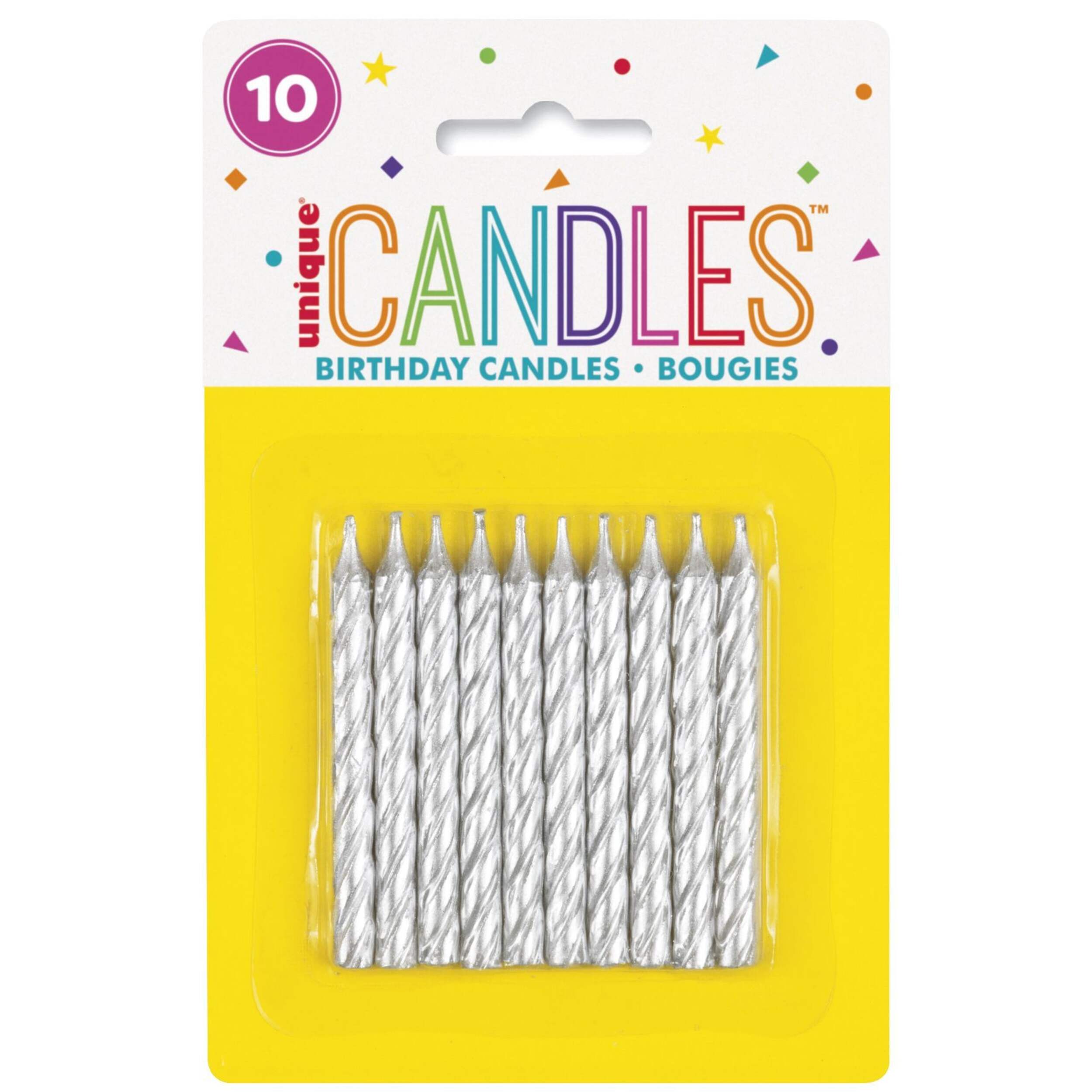 Bougies en cire spiralées, argent, 2,5 po, paq. 10, pour fête d'anniversaire Front_Flat