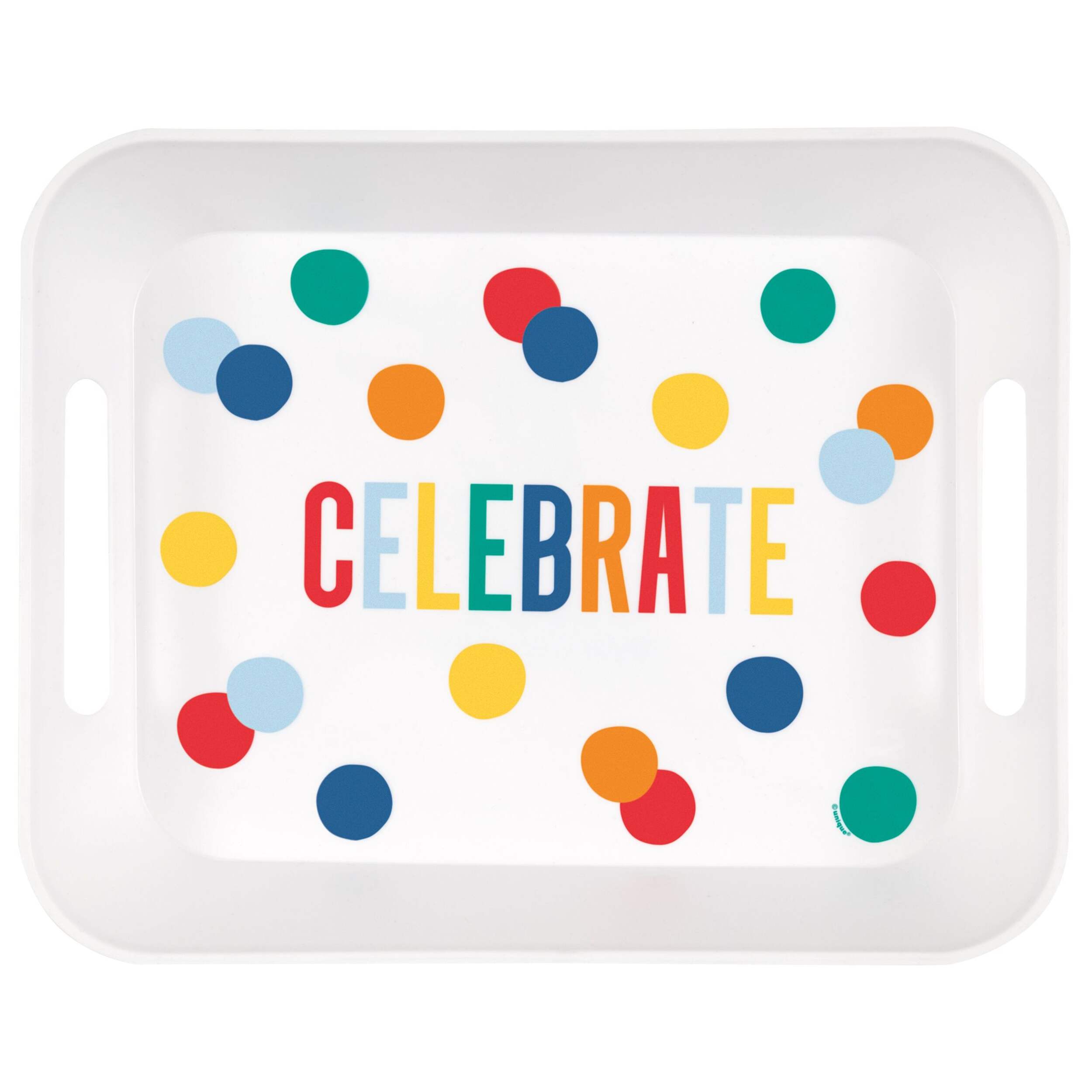 Plateau de service rectangulaire moderne en plastique à pois, Happy Birthday, multicolore, 13 po, pour anniversaire Overhead_Flat