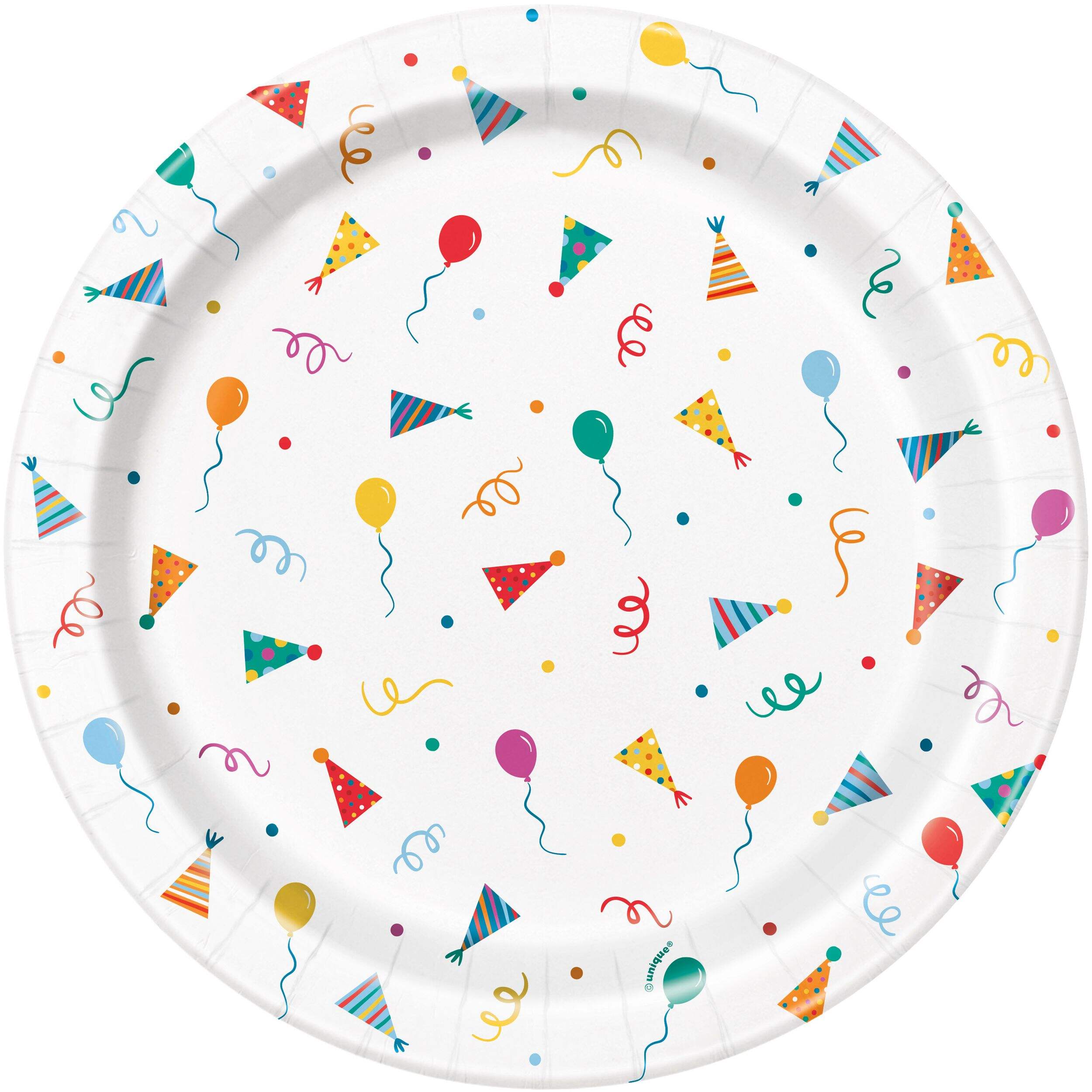 Birthday Mayhem 8.75-in Round Multicoloured Disposable Paper Dinner Plates, 8-pk Overhead_Flat