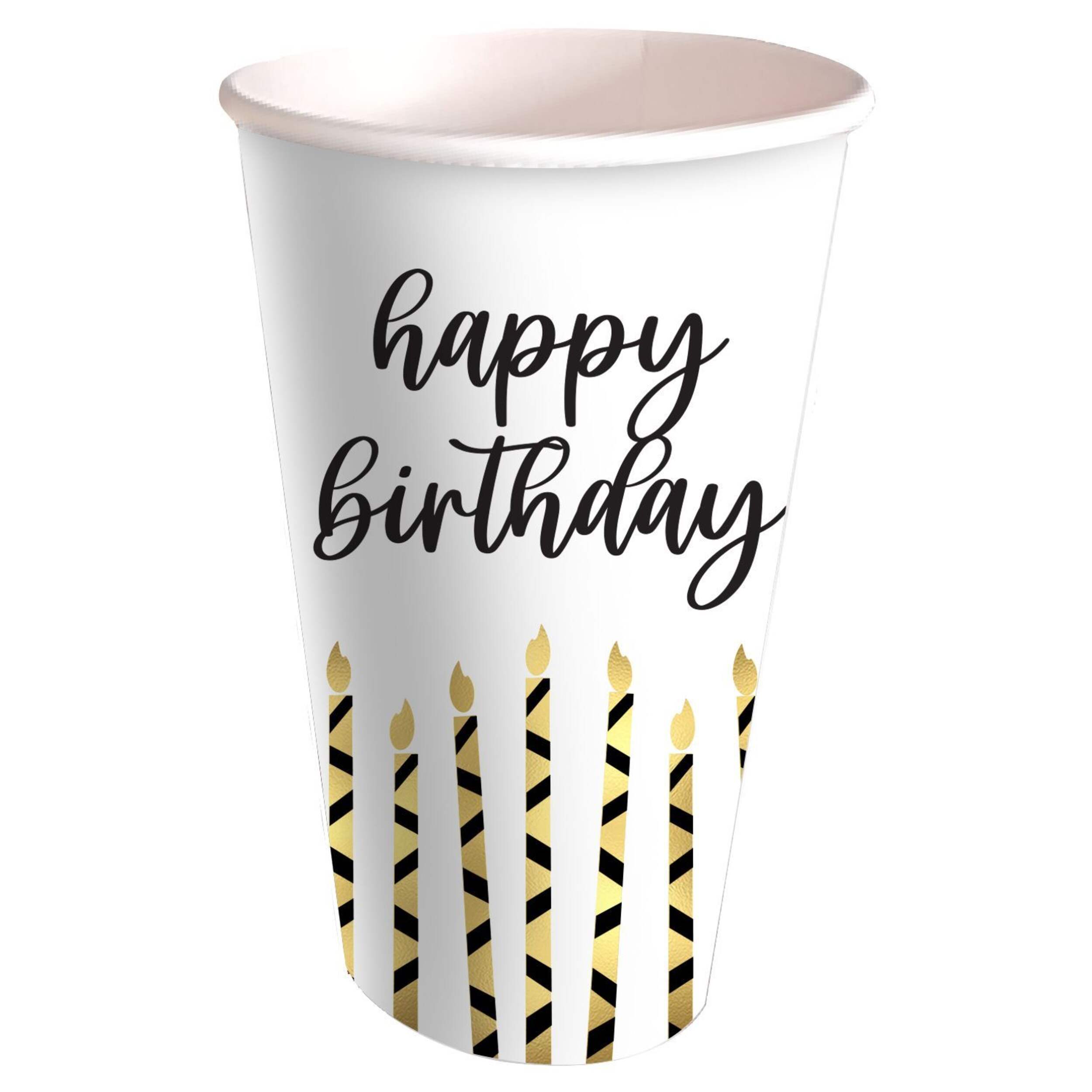 Gobelets jetables en papier célébration étincelante, Happy Birthday, blanc/doré, 16 oz, paq. 8, pour anniversaire Front_Flat
