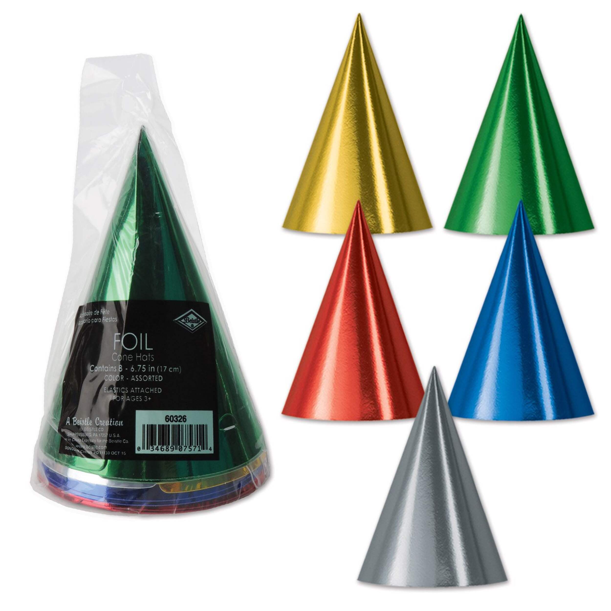 Multicoloured Foil Cone Party Hats Wearable Accessory, 8-pc Composite_or_Mixed