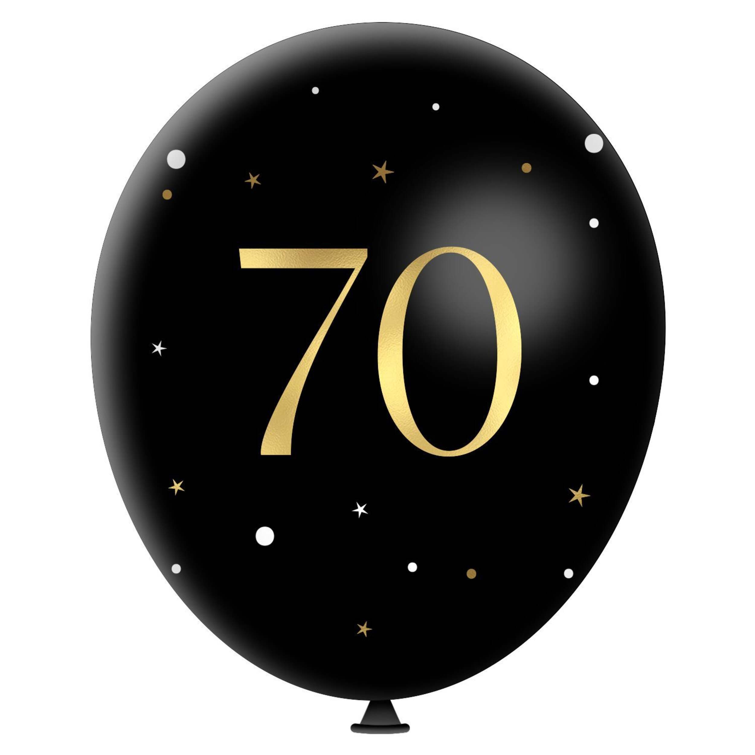 Ballons en latex ronds célébration étincelante, 70, noir/blanc/doré, 12 po, paq. 6, pour anniversaire Front_Flat