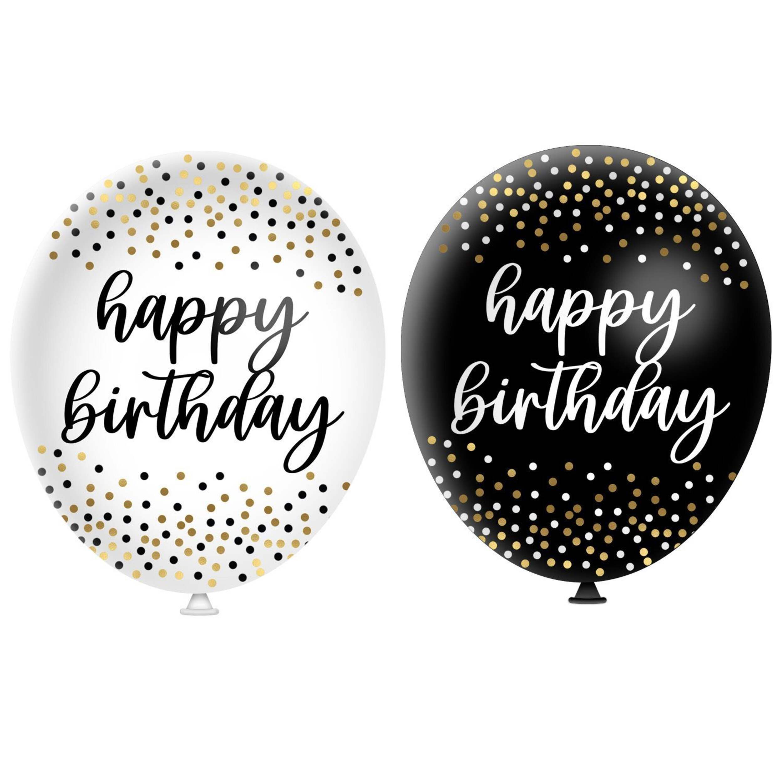 Ballons en latex ronds célébration étincelante, Happy Birthday, noir/blanc/doré, 12 po, paq. 6, pour anniversaire Front_Flat