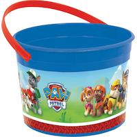 Nickelodeon PAW Patrol Chase/Marshall/Skye Round Plastic Reusable Favour Container Pail, Red/Blue, 6-in, for Birthday Party/Halloween Front_Angled_Right