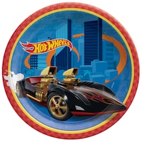 Hot Wheels Round Paper Disposable Dessert Plates, Blue/Orange, 7-in, 8-pk, for Birthday Party Front_Flat
