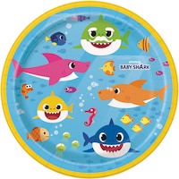 Baby Shark Round Paper Disposable Dessert Plates, Blue/Yellow, 7-in, 8-pk, for Birthday Party