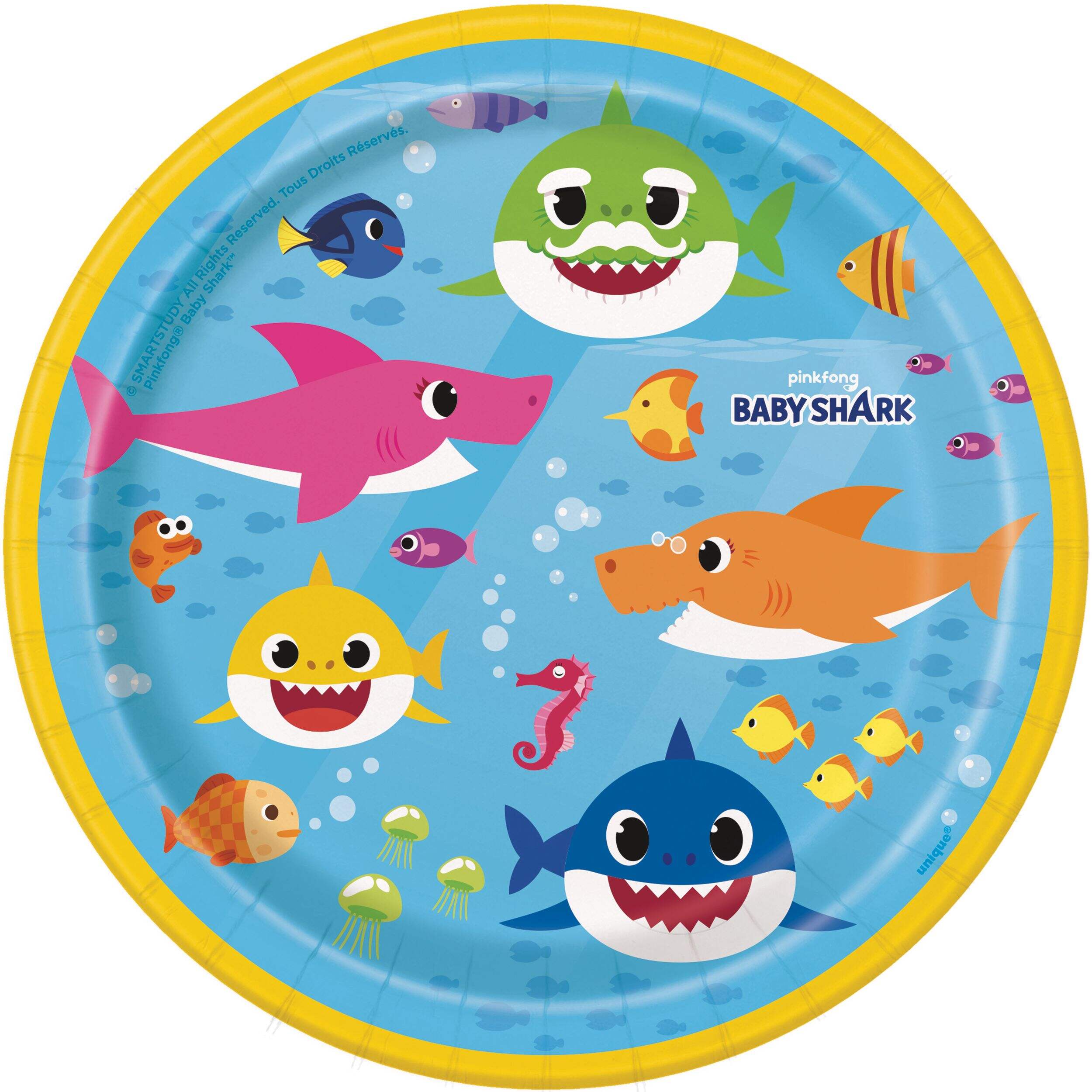 Baby Shark Round Paper Disposable Dessert Plates, Blue/Yellow, 7-in, 8-pk, for Birthday Party Overhead_Flat