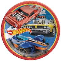 Hot Wheels Round Paper Disposable Lunch Plates, Orange/Blue, 9-in, 8-pk, for Birthday Party Overhead_Flat