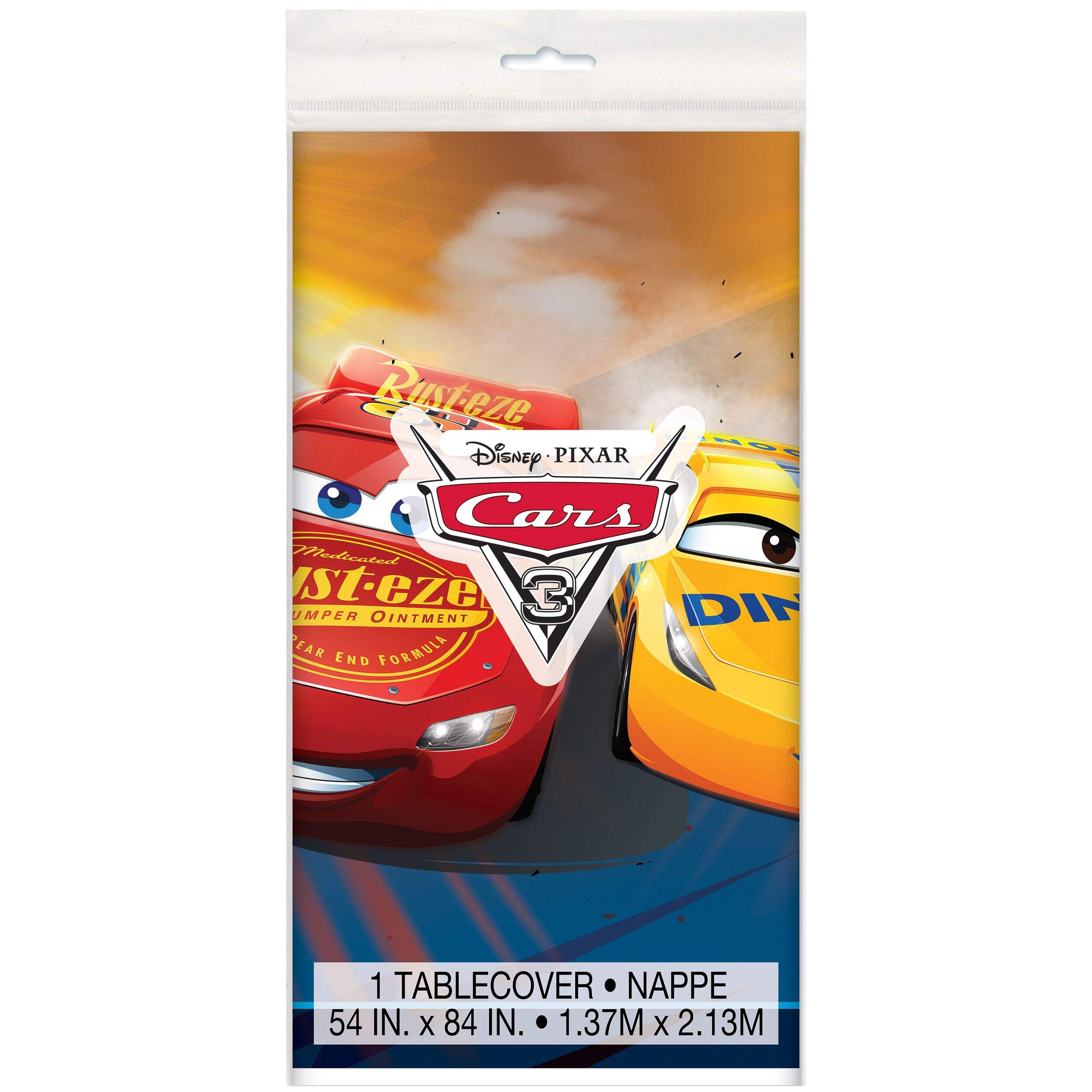 Nappe réutilisable en plastique pour fête d'anniversaire Disney Les Bagnoles Flash McQueen, bleu/rouge/jaune, 54 x 96 po Front_Flat