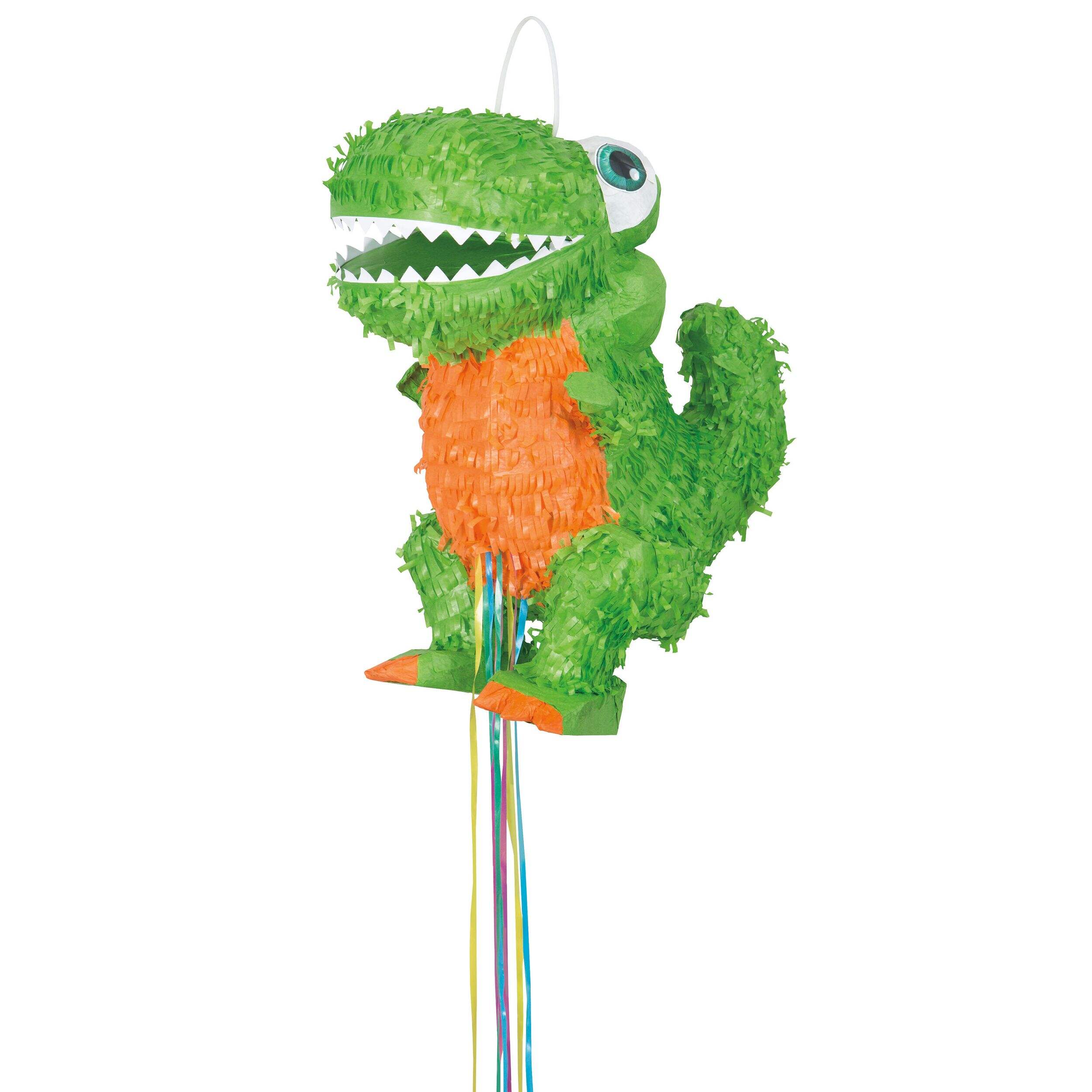 Dino-Mite T-Rex Dinosaur Pinata Hanging Pull String Decoration, Green, for Birthday Parties Front_Angled_Left