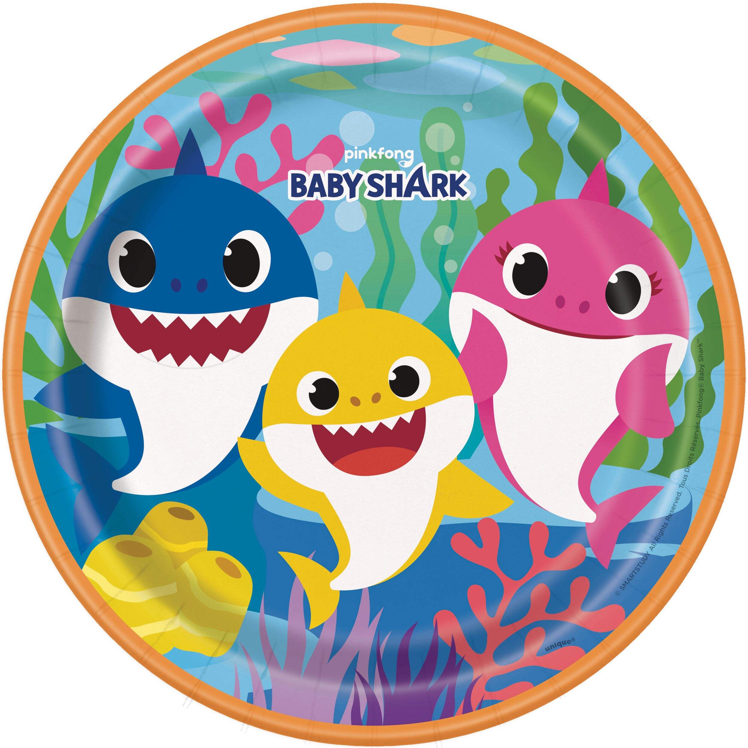 Baby Shark Round Paper Disposable Lunch Plates,Blue/Green, 9-in, 8-pk, for Birthday Party Overhead_Flat