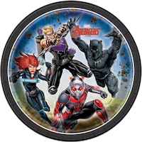 Disney Marvel Avengers Hulk/Iron Man/Black Panther Round Paper Disposable Dessert Plates, Black/Red/Green, 7-in, 8-pk, for Birthday Party Overhead_Flat