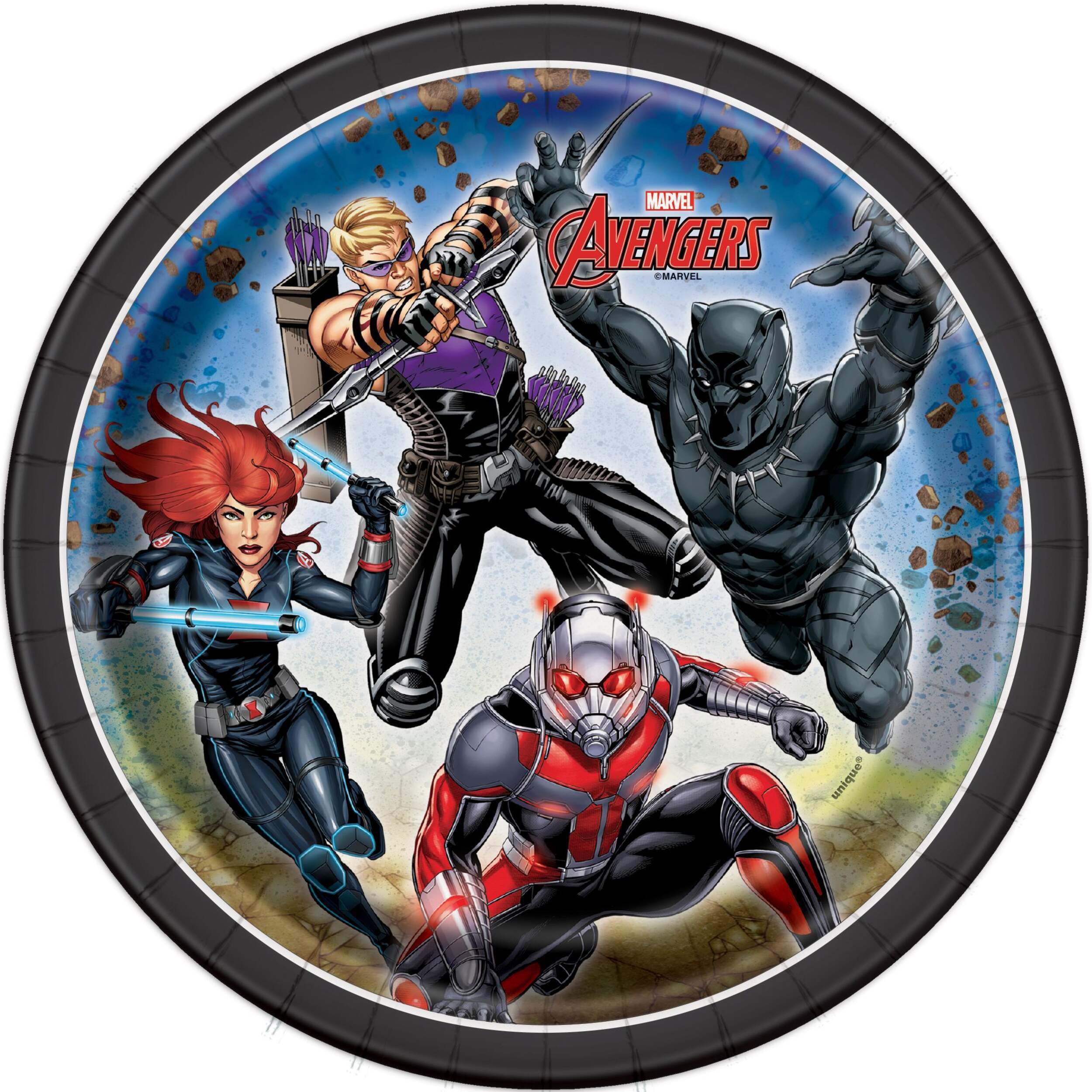 Disney Marvel Avengers Hulk/Iron Man/Black Panther Round Paper Disposable Dessert Plates, Black/Red/Green, 7-in, 8-pk, for Birthday Party Overhead_Flat