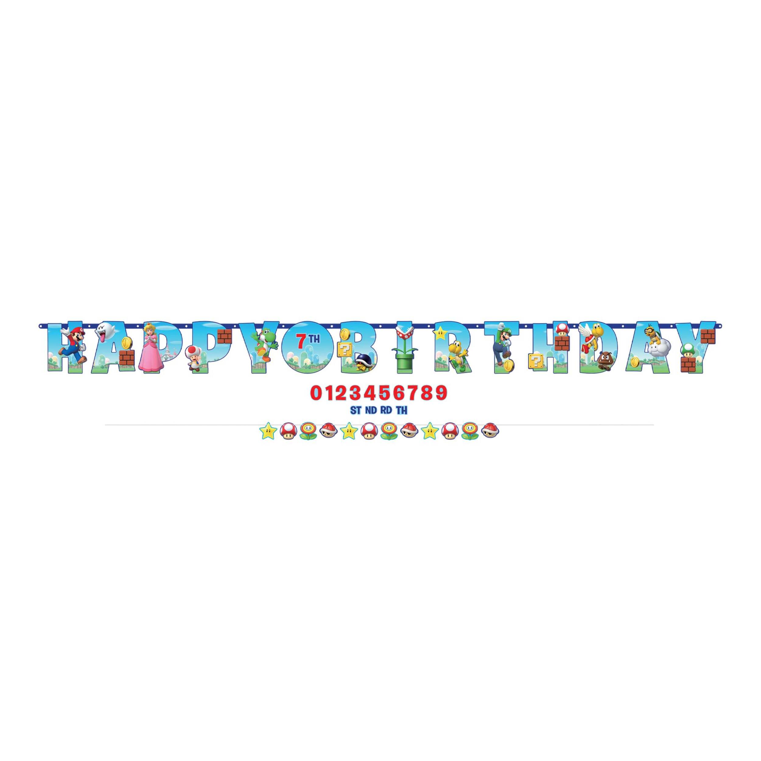 Nintendo Super Mario Bros "Happy Birthday" Mario & Luigi DIY Customizable Hanging Garland Banner Decoration, Blue, 10.5-ft, for Birthday Party Front_Flat