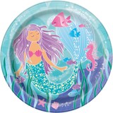 Shimmering Mermaids Round Paper Disposable Lunch Plates, Blue/Silver, 9-in, 8-pk, for Birthday Party Overhead_Flat