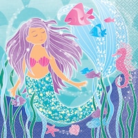 Shimmering Mermaids Square Paper Disposable Lunch Napkins, Blue, 6.5-in, 16-pk, 2-ply, for Birthday Party Front_Flat