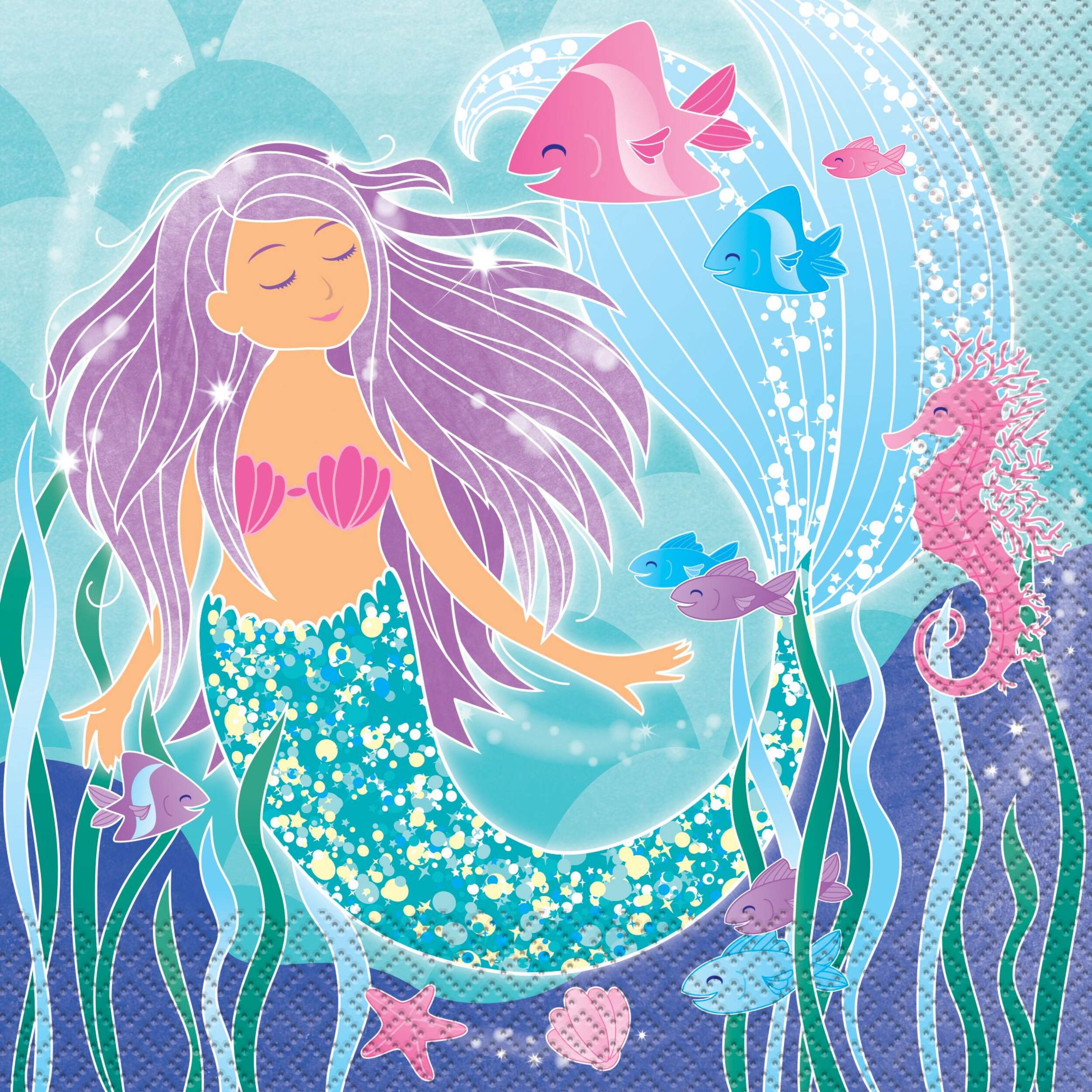 Shimmering Mermaids Square Paper Disposable Lunch Napkins, Blue, 6.5-in, 16-pk, 2-ply, for Birthday Party Front_Flat