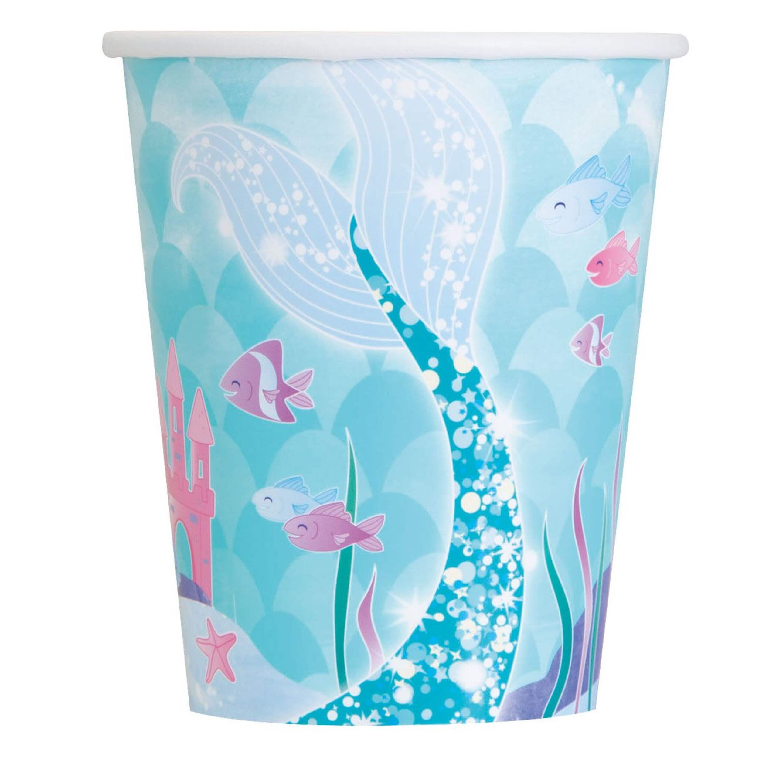 Shimmering Mermaids Paper Disposable Cups, Blue, 9-oz, 8-pk, for Birthday Party Front_Flat