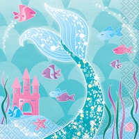 Shimmering Mermaids "Mermazing" Square Paper Disposable Beverage Napkins, Blue, 5-in, 16-pk, 2-ply, for Birthday Party Front_Flat