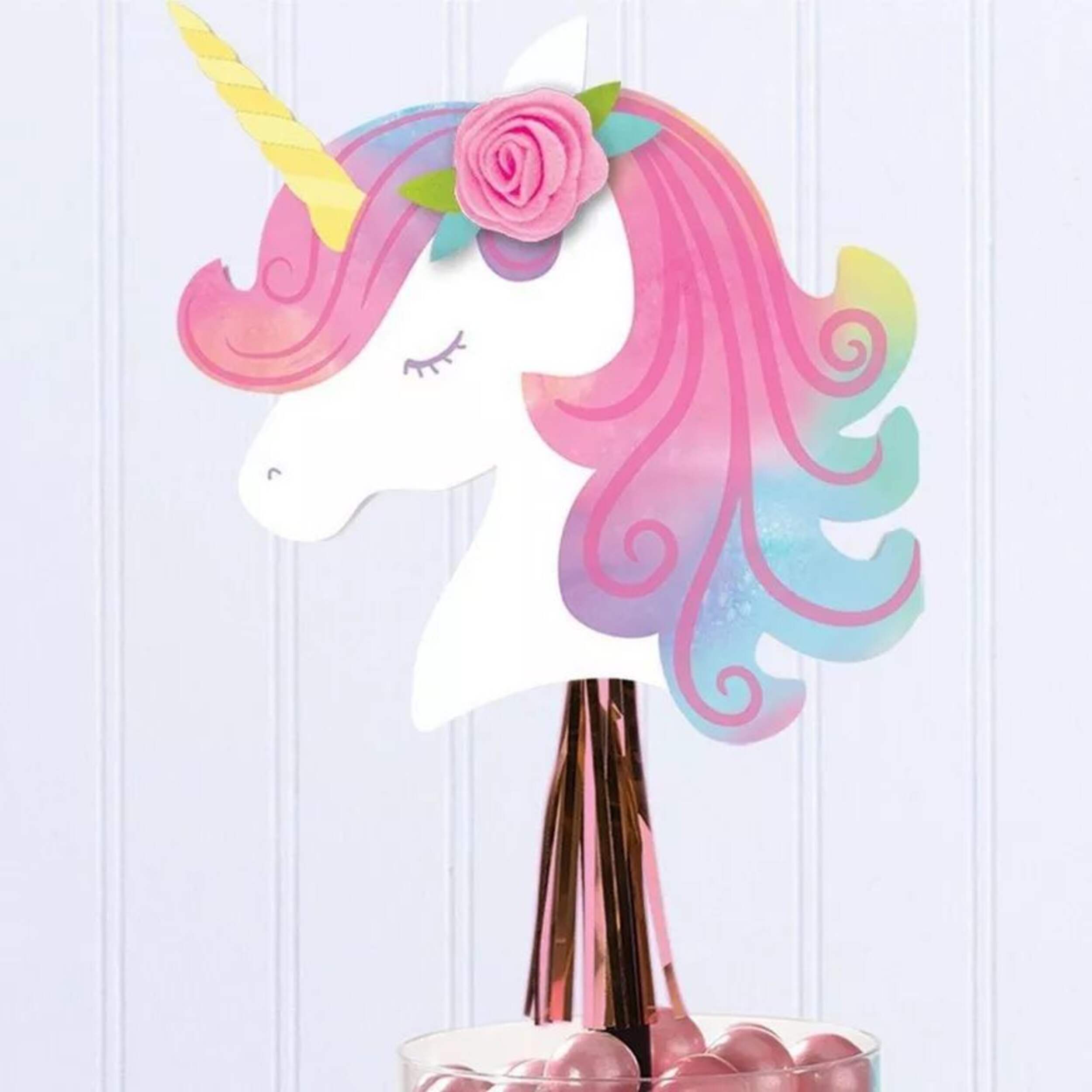 Unicorn Sign Table Centerpiece Stick Decoration, Pink/White, 16.5-in, for Birthday Party Front_Flat