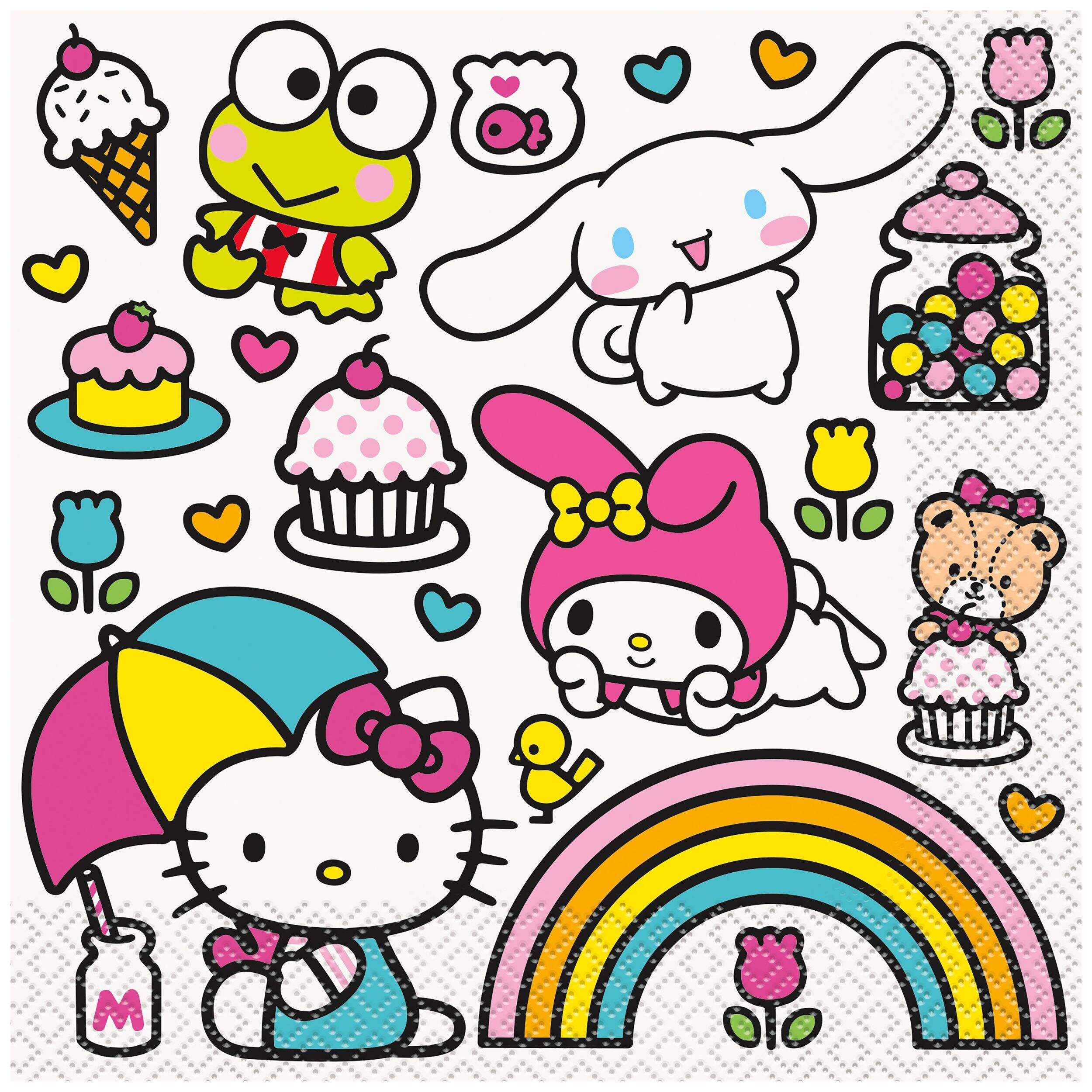 Serviettes de table carrées jetables en papier Hello Kitty et ses amis, multicolore, 6,5 po, paq. 16, 2 épaisseurs, pour fête d'anniversaire Overhead_Flat