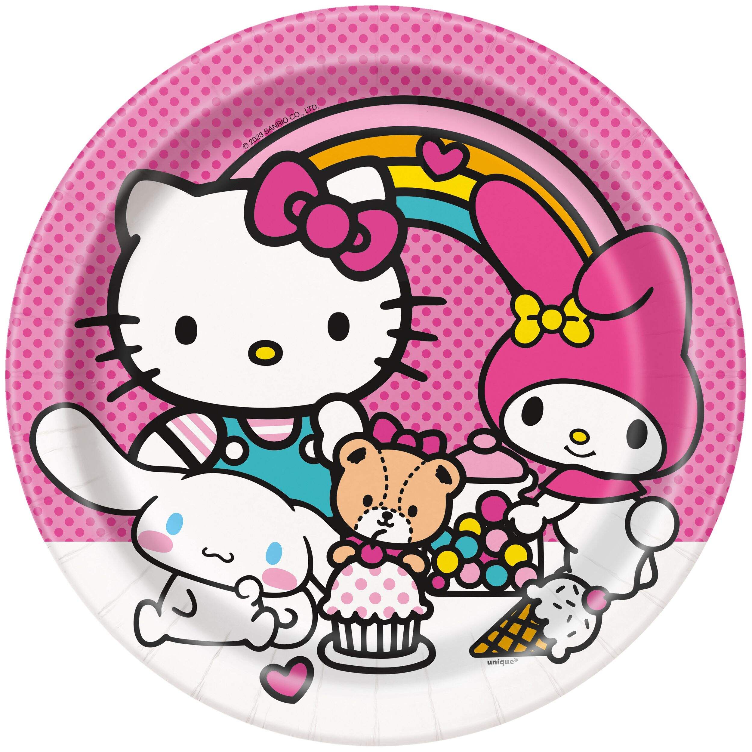 Hello Kitty Disposable Paper Dinner Plates, Multi-Colour, 9-in, 8-pk, for Hello Kitty Birthday Party Overhead_Flat
