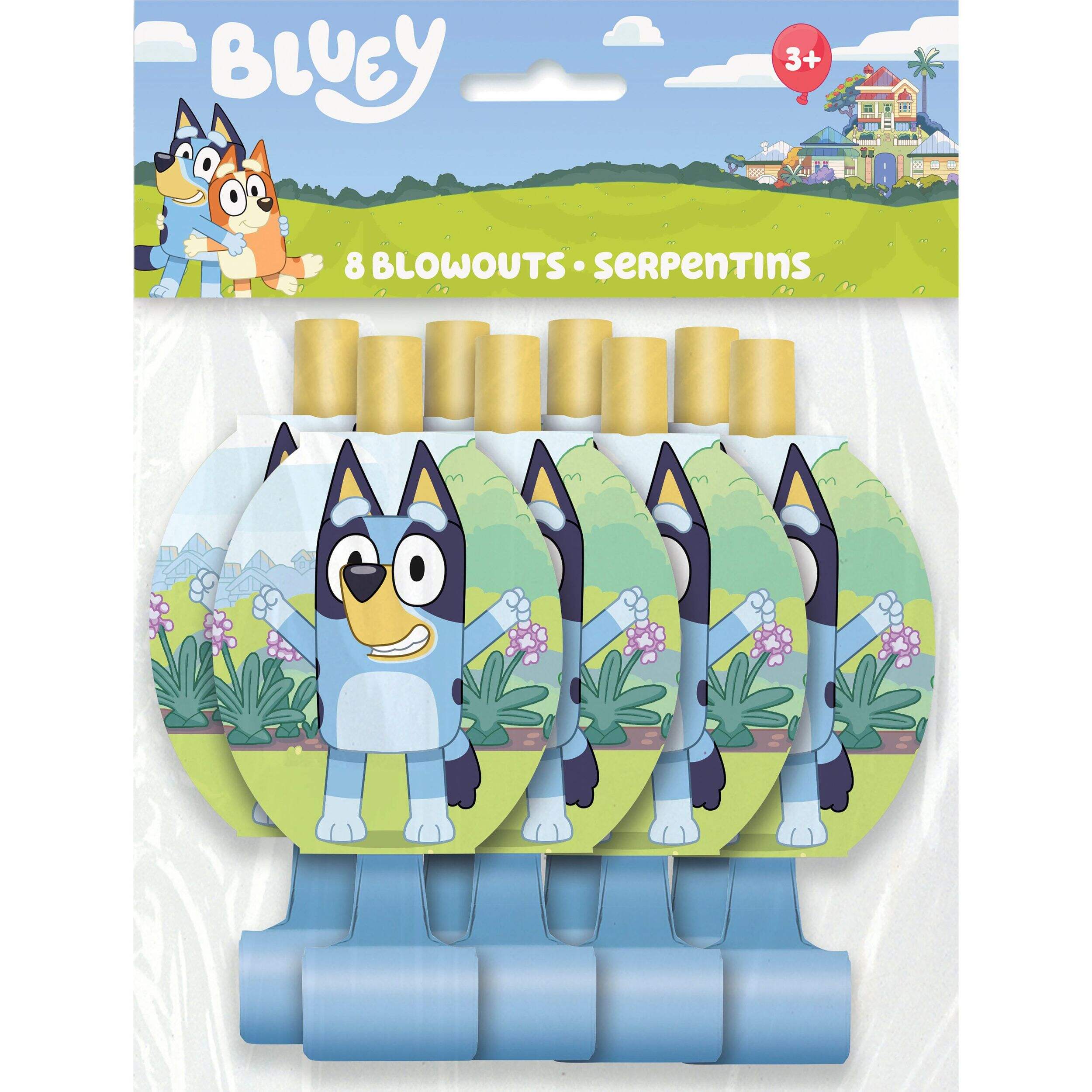 Bluey Blowout Noisemakers, Multi-Colour, 7-in,  8-pk, for Birthday/Party Favour Front_Flat