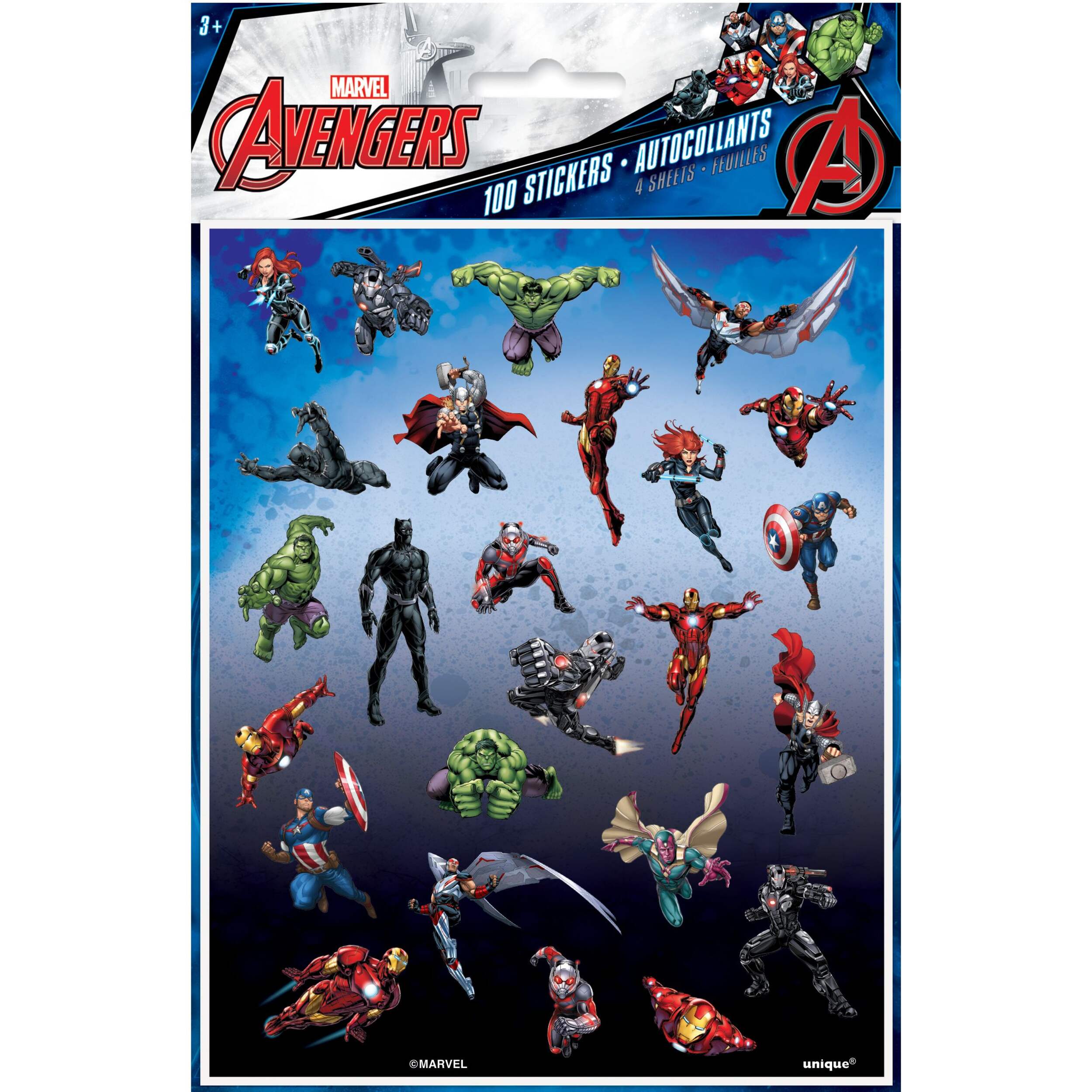Avengers Sticker Variety Pack, Multi-Coloured, 4 Sheets, 100-pk, for Arts & Crafts/Birthday Favour Front_Flat