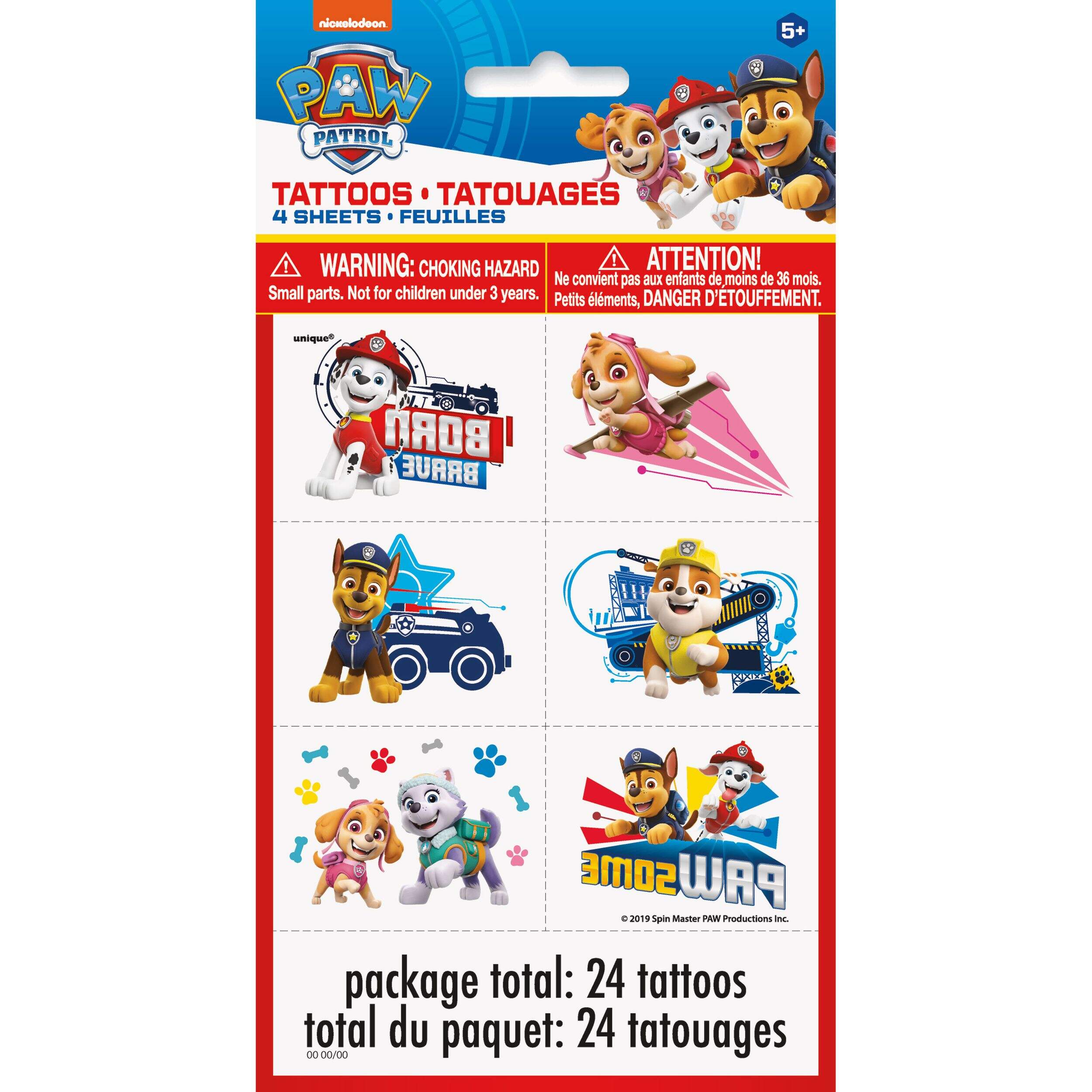 Paw Patrol Wearable Temporary Tattoos, Multi-Coloured, 24-pk, for Birthday/Party Favours Front_Flat