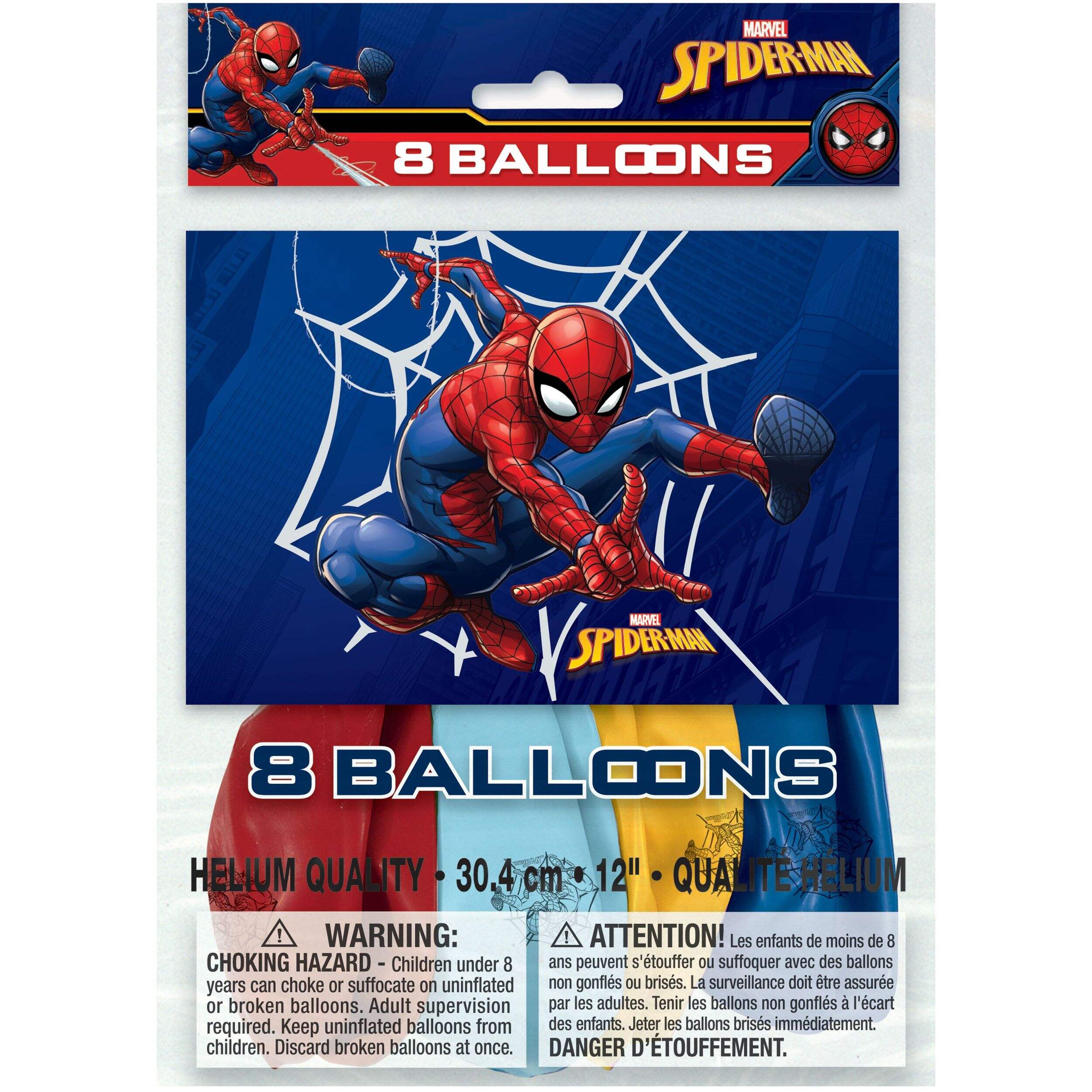 Spiderman Round Latex Balloons, Multi-Coloured, 12-in, 8-pk, for Birthday Party Front_Flat